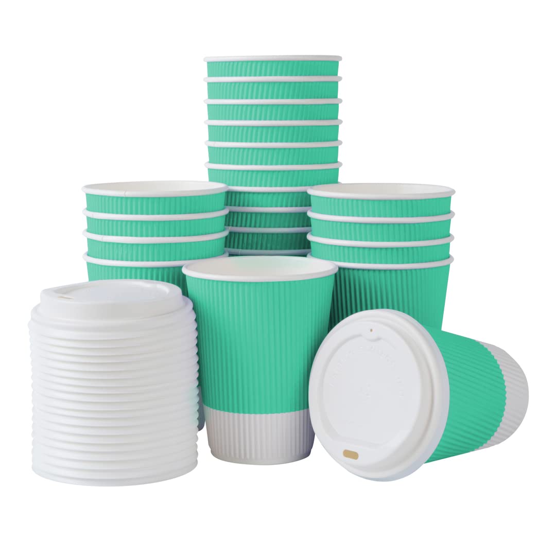 12oz Insulated Coffee Cups with Lids - 200 Pack Leakproof Ripple Wall Hot Cups | Eco-Friendly Disposable Paper Cups for Coffee, Tea, Hot Cocoa & Lattes | Perfect for Cafes, Offices & Catering Events