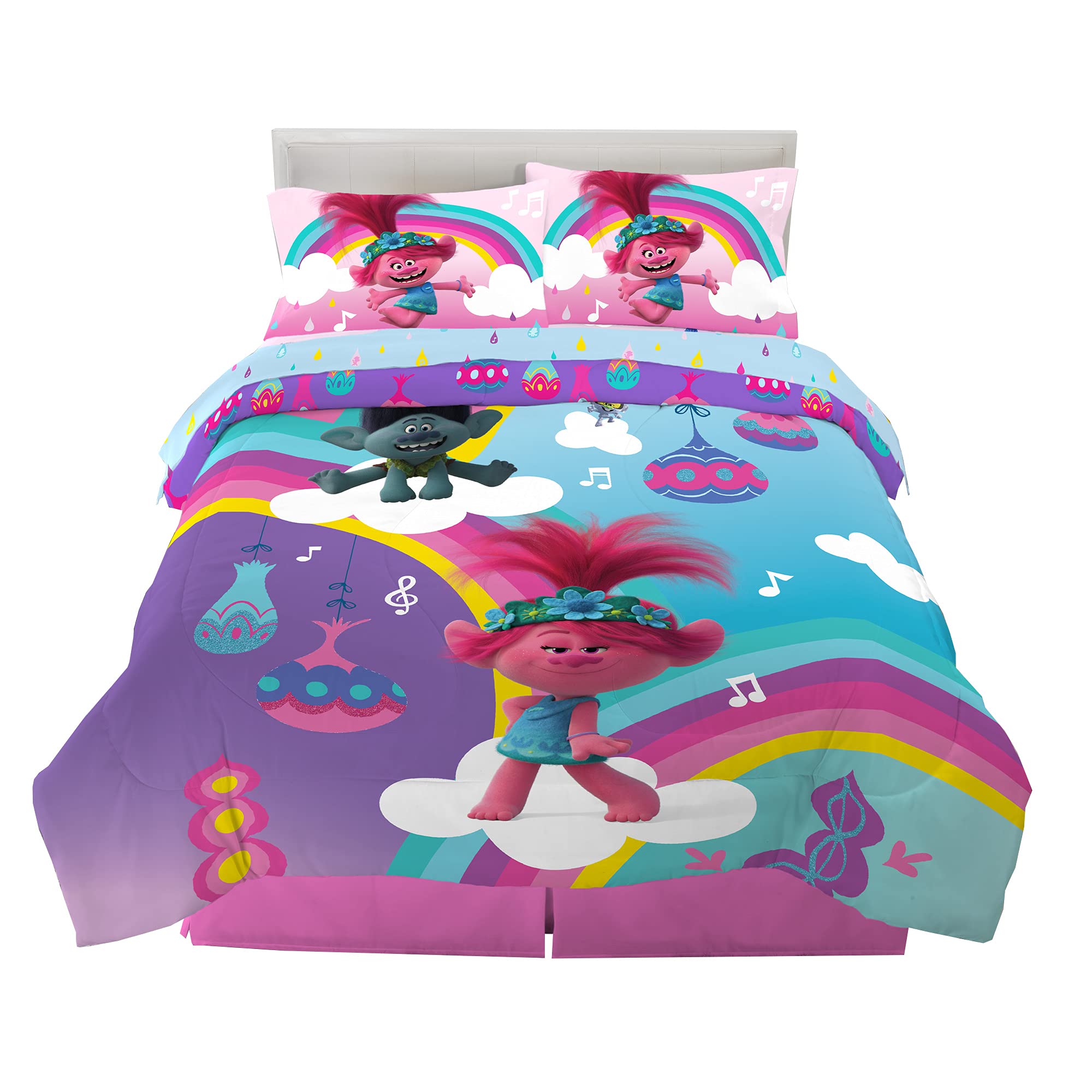 Franco Kids Bedding Set - Super Soft Microfiber Comforter & 5-Piece Sheet Set, Full Size, Trolls World Tour Theme | Perfect for Kids' Rooms, Sleepovers & Themed Bedrooms