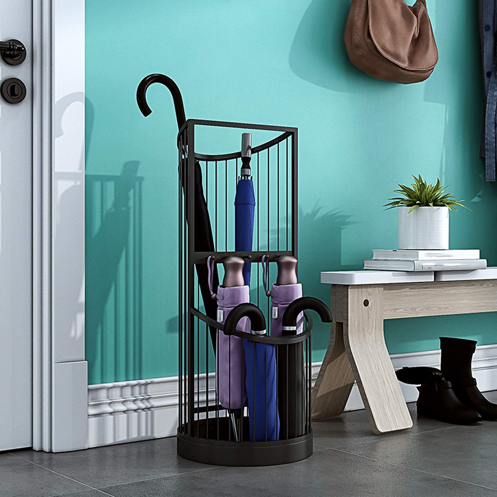 DERTEIO Space Saving Umbrella Stand - 12x12x24 Inch 2-Tier Umbrella Holder for Entryway, Hallway & Porch - Stores Long & Short Umbrellas, Walking Canes & Sticks - Gold, Black, White (Black) - Perfect for Home, Office & Restaurant Organization