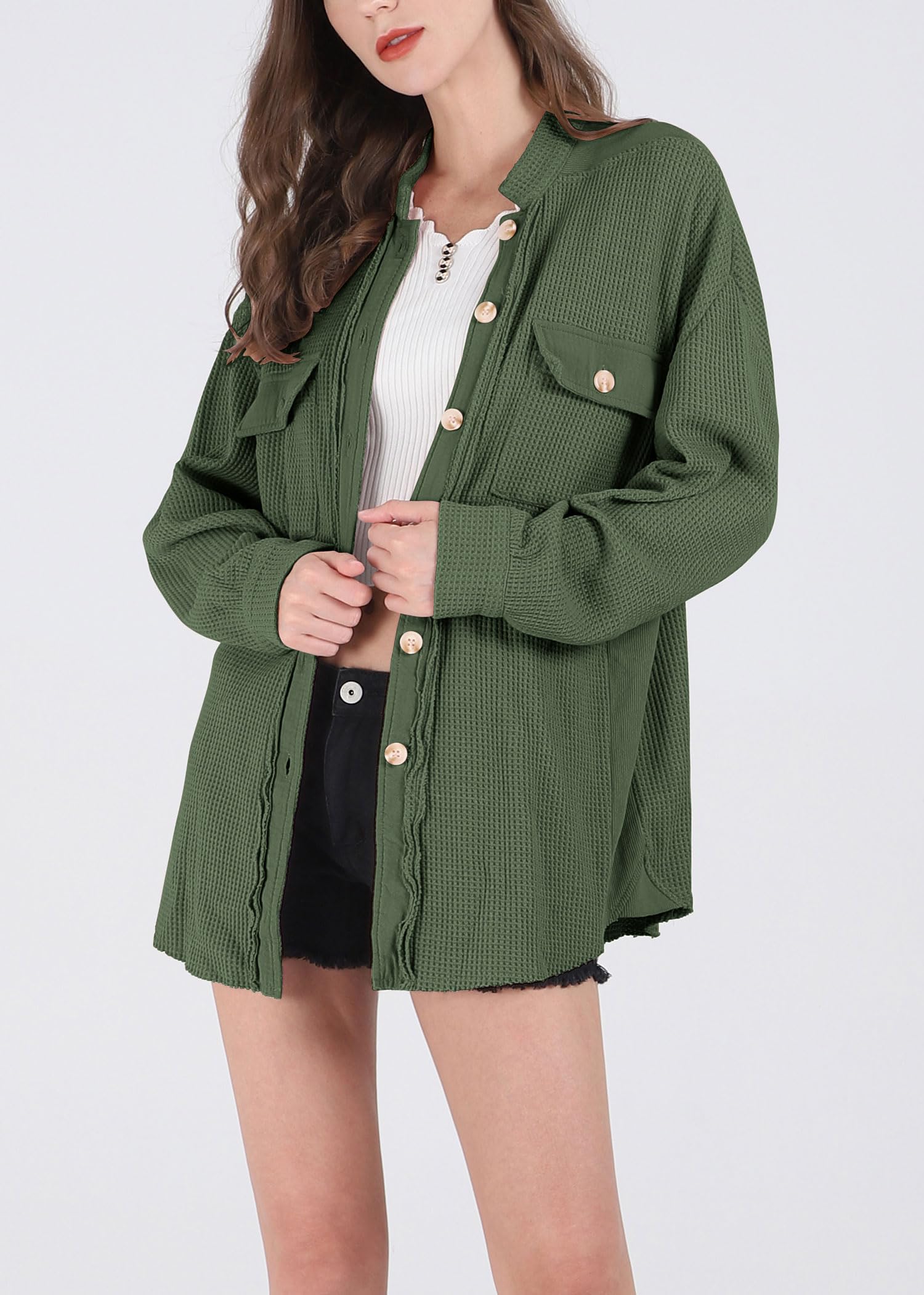 Women's Loose Fit Batwing Sleeve Waffle Knit Button Down Shirt Shacket - Casual Long Sleeve Tops for Fall & Winter Layering, Office Wear and Weekend Outfits