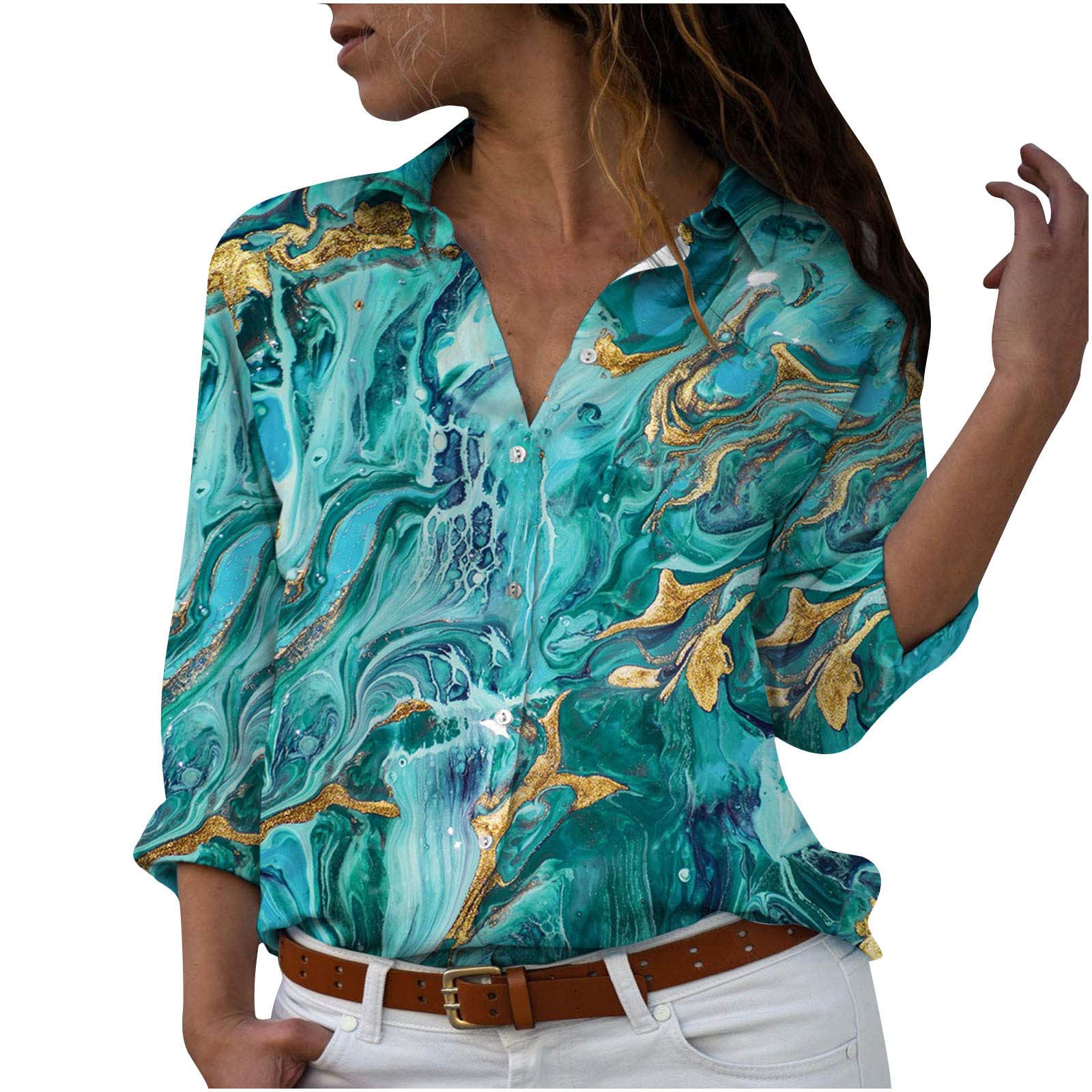 Women's Colorful Print Long Sleeve Button Down Blouses - Casual Loose V-Neck Tops for Work, Party & Everyday Wear | Flowy Shirts for Office, Date Night & Weekend Outfits