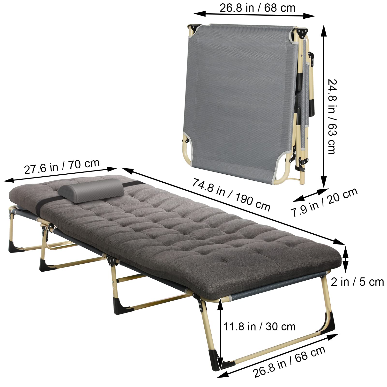 Todeco Grey Folding Bed with Mattress for Adults - Portable Foldable Guest Bed with Headrest & 4-Position Adjustable Recliner - Perfect for Camping, Indoor, Patio, Hospital Use - Great for Guest Rooms, Small Spaces & Outdoor Relaxation