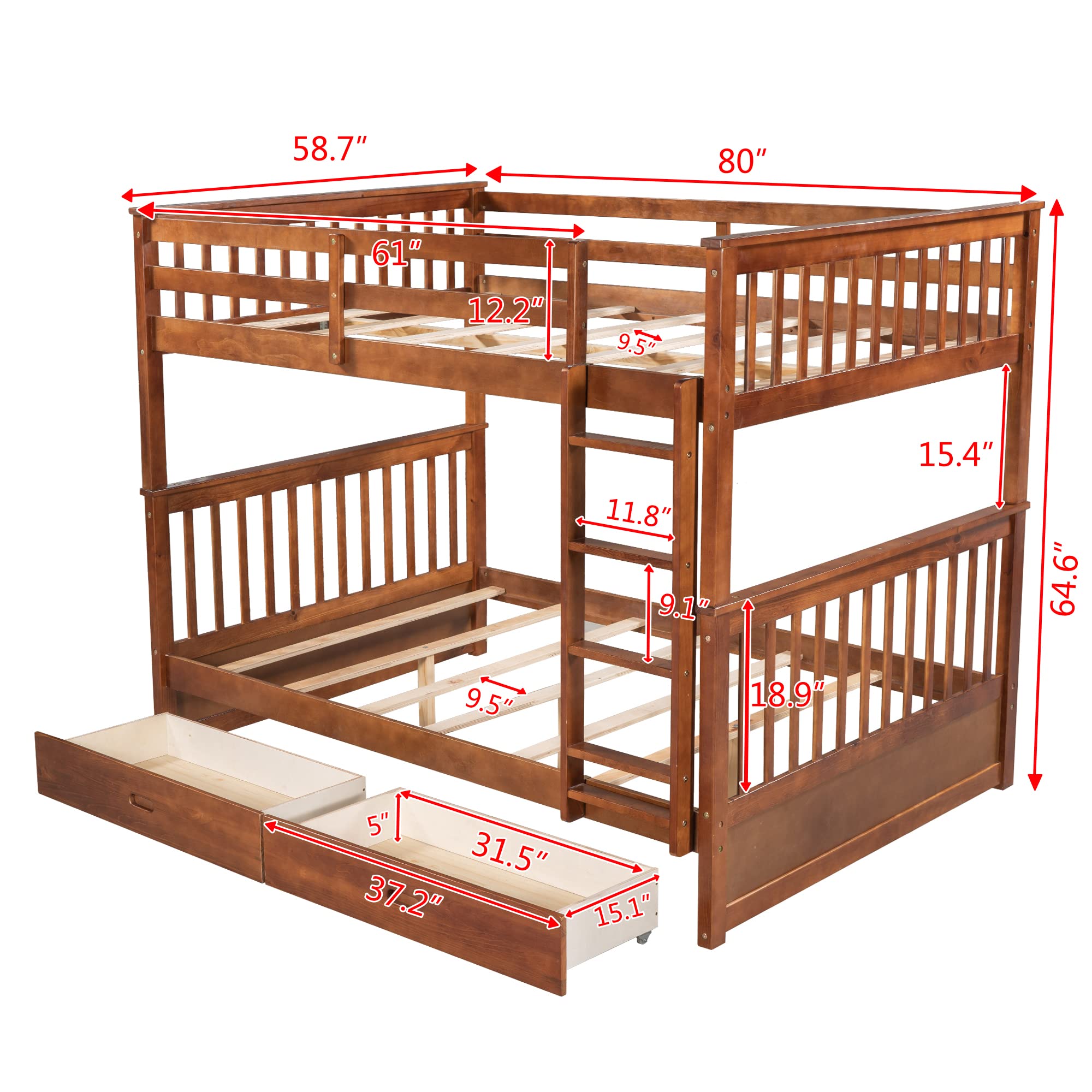 Harper & Bright Designs Full Bunk Beds with Storage Drawers - Solid Wood Full Over Full Bunk Bed Frame with Ladders & Safety Rail for Kids, Teens, Adults (Walnut) - Perfect for Small Bedrooms, Guest Rooms & Kids' Shared Spaces