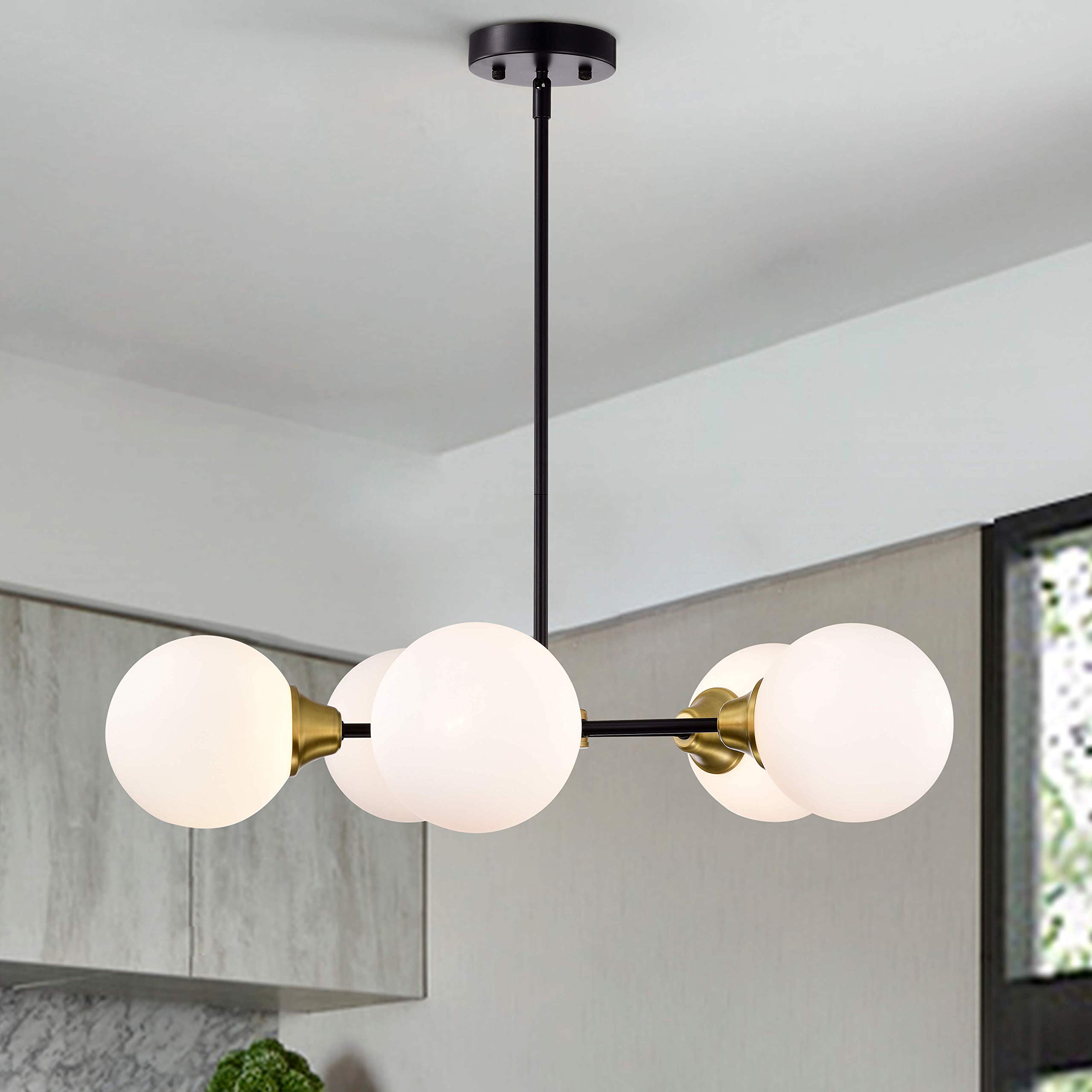 Jojospring 5-Light White Glass Sputnik Chandelier in Black and Gold - Modern Ceiling Light Fixture for Dining Room, Living Room, Bedroom, Entryway - LJ-0894-PYG