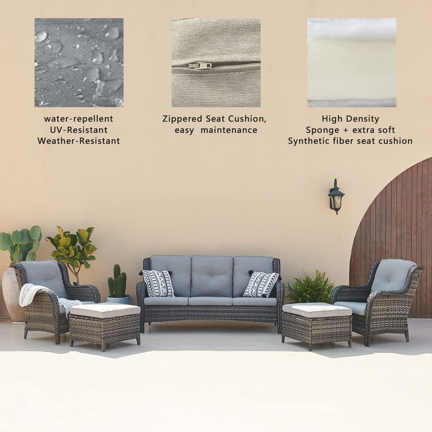 5-Piece Outdoor Patio Wicker Furniture Set - Rattan Sectional Sofa with 3-Seat Couch, 2 Armchairs & 2 Ottoman Footrests - Grey/Grey Mix - Perfect for Garden, Backyard, Poolside & Outdoor Conversation Areas