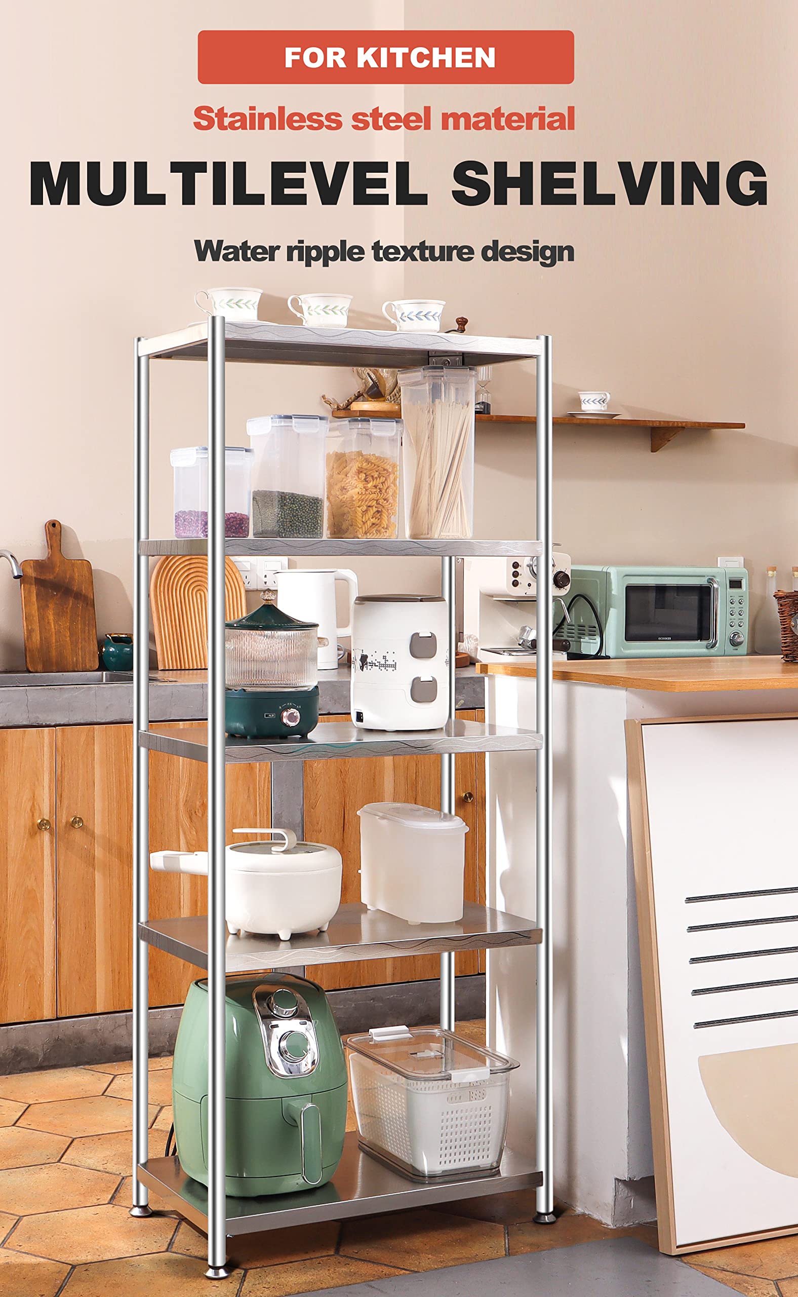 Stainless Steel Shelves 23.6 Inch 4-Tier Kitchen Storage Shelf Organizer - Heavy Duty, Waterproof, Artistic Texture for Pantry, Garage, Bathroom & Commercial Use