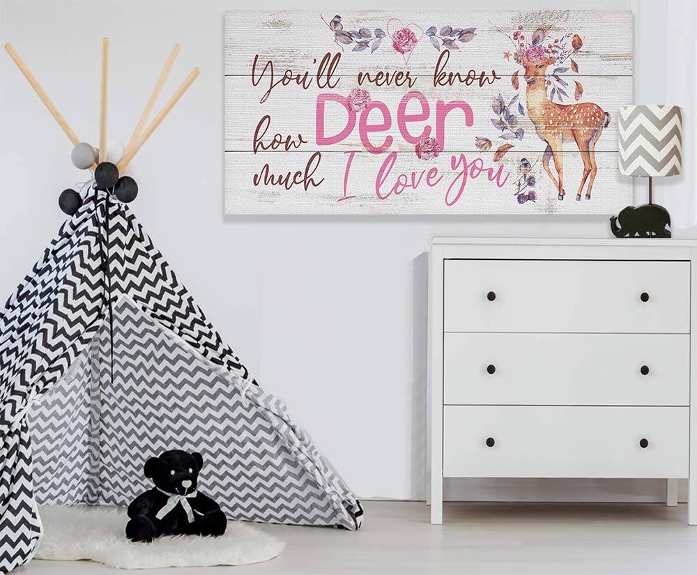 24x48 Wood Style Stretched Canvas Art - Deer Love Inspirational Print for Girls Bedroom, Nursery & Baby Shower Gift | Woodland Animal Wall Decor for Home & Office