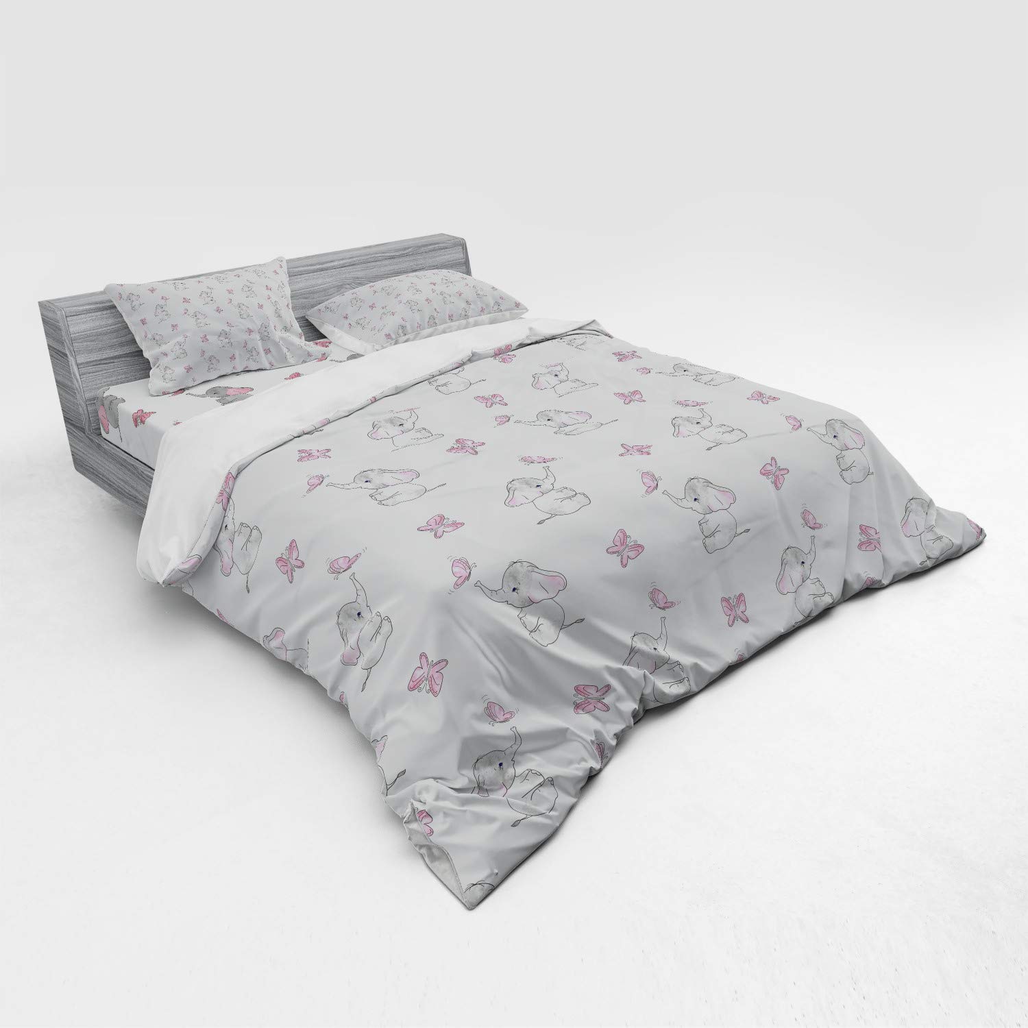 Ambesonne Animal Cartoon Duvet Cover Set - Playing Butterflies Design 3-Piece Bedding Set with Pillow Sham & Fitted Sheet, King Size, Pale Pink White Grey - Perfect for Kids' Rooms, Nursery Decor & Whimsical Bedroom Themes