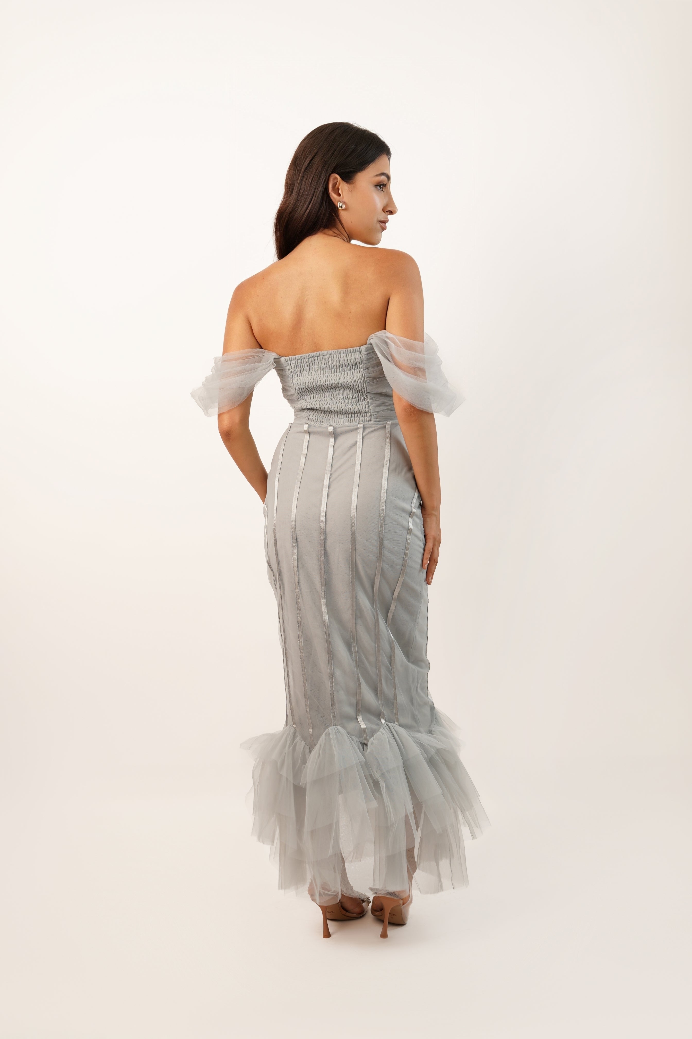 Elegant Neros Dusty Blue Off Shoulder Midi Dress for Women | Flowy Summer Dress for Beach, Party & Date Night