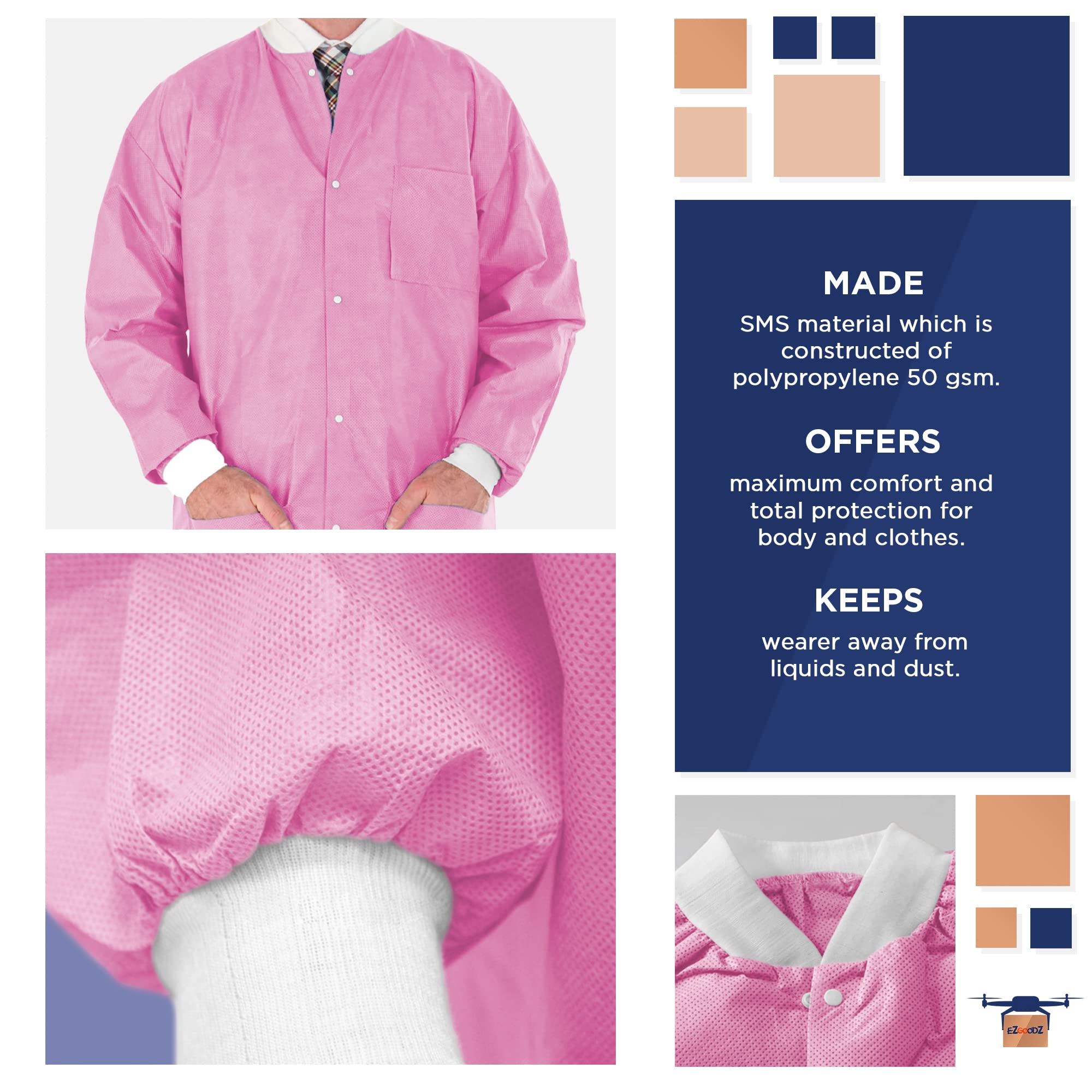 EZGOODZ Disposable Lab Coat - 30 Inch Long, Pack of 100, Pink Hip-Length Workwear (Medium) - SMS 50 GSM, Snap Front, Knit Cuffs & Collar, 3 Pockets - Unisex PPE Coat for Medical, Laboratory, Cleanroom & Industrial Use
