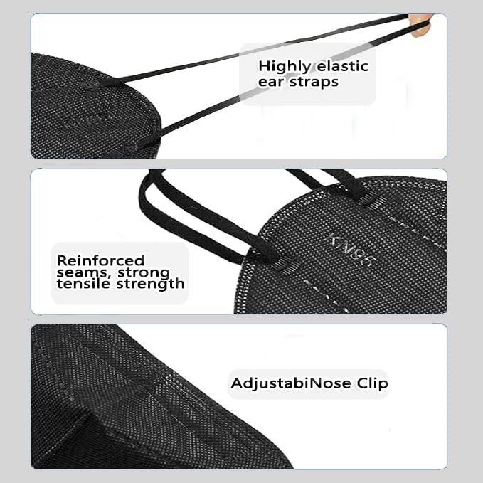 50pcs KN95 Face Mask Black - 5 Layer Cup Dust Safety Masks with ≥95% Filter Efficiency - Breathable Elastic Ear Loops - for Construction, Travel & Daily Protection Against Dust, Pollution & Allergens