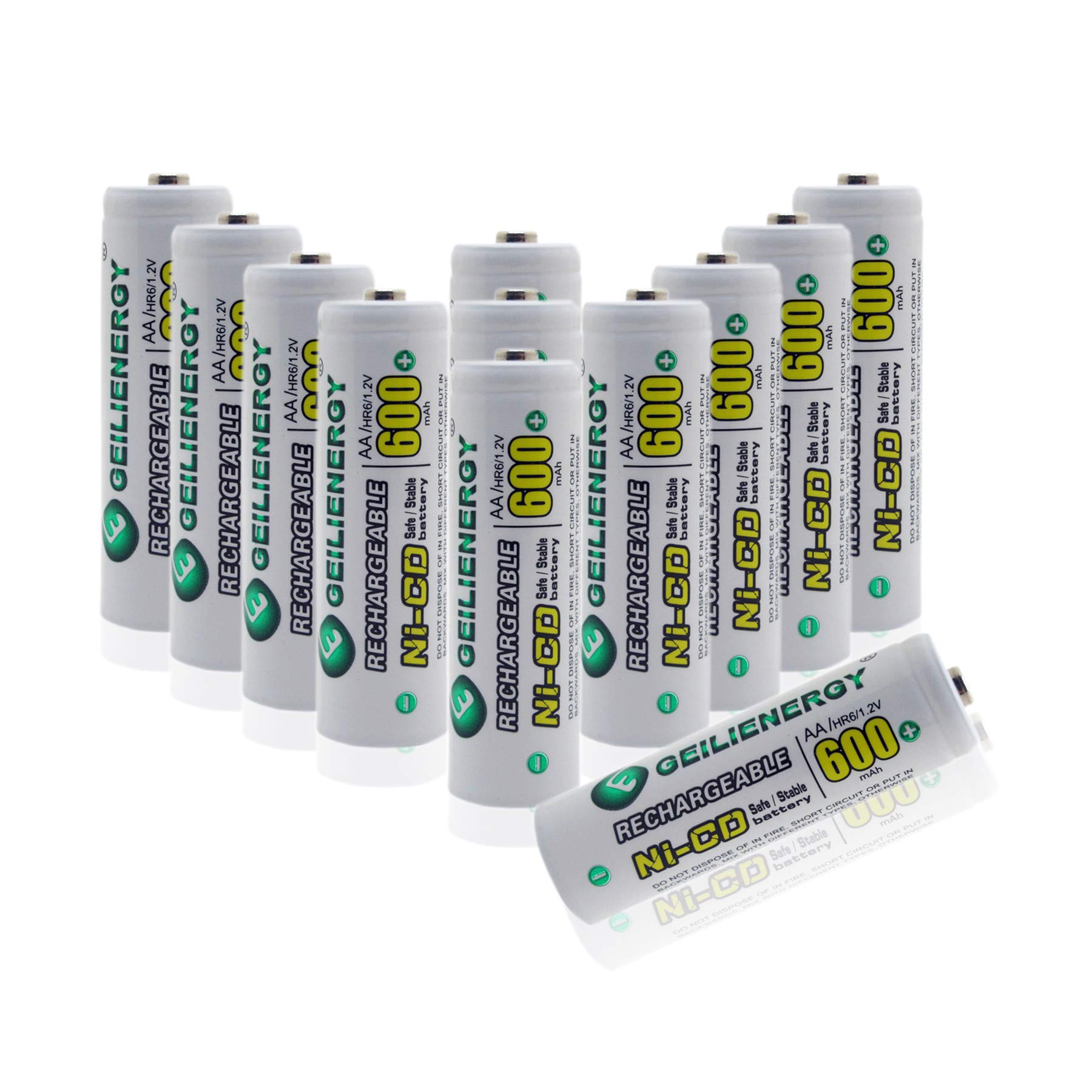 GEILIENERGY 12-Pack NiCd AA 600mAh 1.2V Rechargeable Batteries for Solar Lights, Solar Lamps - Perfect for Outdoor Garden Lighting, Emergency Power Backup & Solar-Powered Devices