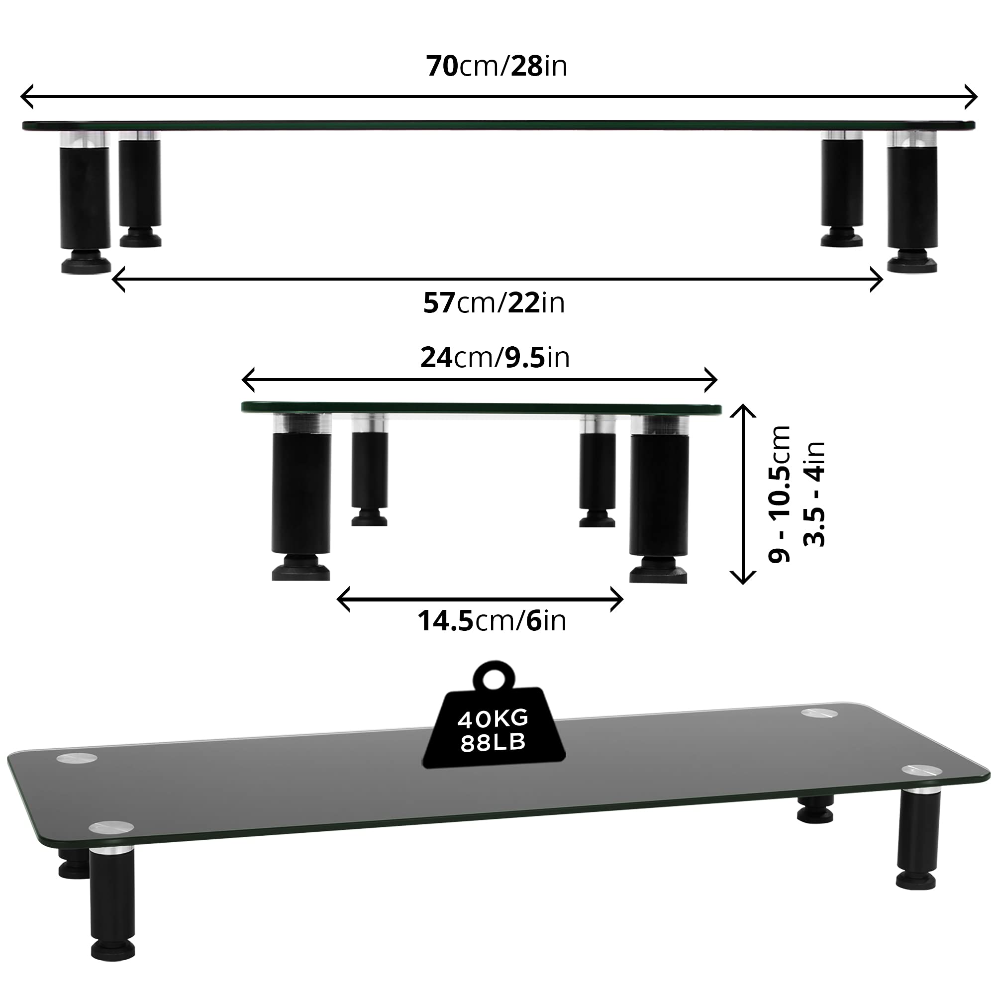 Duronic DM052 Tempered Glass Monitor Stand Riser - 70cm x 24cm Black Ergonomic Desk Shelf for PC, Laptop & TV - 20kg Capacity - Perfect for Home Office, Gaming Setup & Workspace Organization