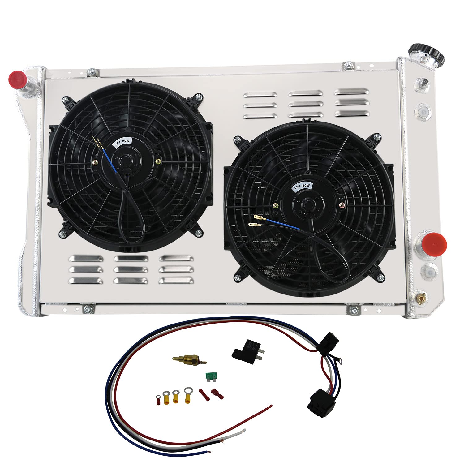ECMRAD 4 Row Aluminum Radiator with Shroud Fan & Relay Kit - Compatible with 1982-1992 Pontiac Firebird/Trans Am V8 Camaro - High Performance Cooling Upgrade for Hot Rods & Classic Muscle Cars