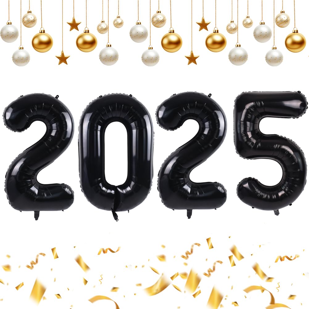 TONIFUL 2025 Happy New Year Balloons - 42 Inch Large Black Foil Number Balloons for New Year's Eve, Christmas, Anniversary & Birthday Parties - Durable Mylar Balloon Decorations for Indoor & Outdoor Celebrations