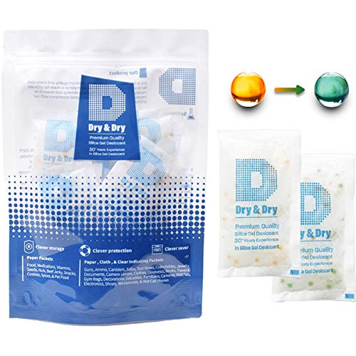 Dry & Dry 20 Gram [10 Packets] Food Safe Orange Indicating Silica Gel Desiccant Packs - Moisture Absorbers for Food Storage, Electronics, Documents & Valuables (Turns Orange to Dark Green)