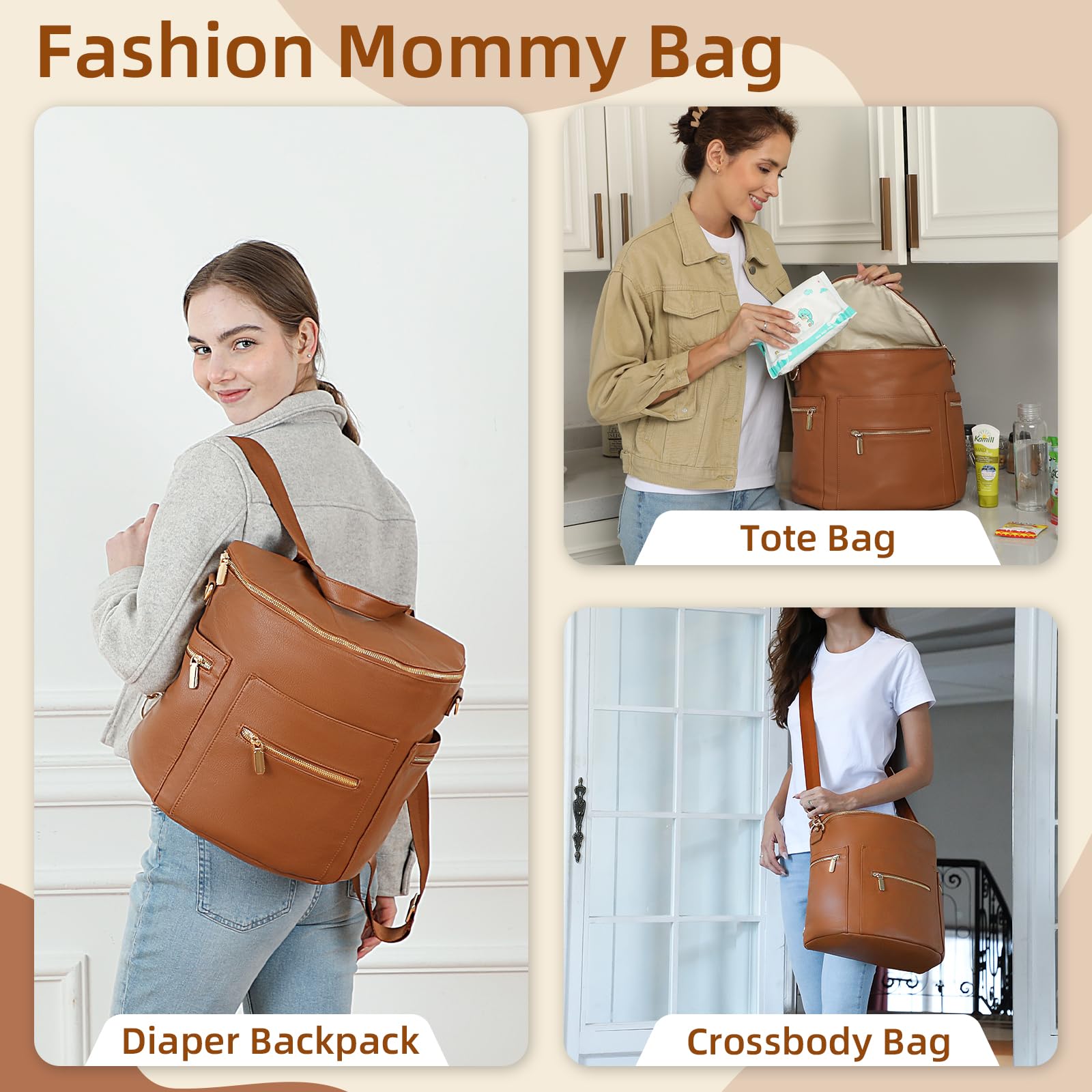 Premium Leather Diaper Backpack for Moms & Dads - Large Baby Bag with 14 Pockets, Changing Pad & Stroller Straps | 2 Insulated Pockets for Bottles | Perfect for Travel, Daycare & Family Outings