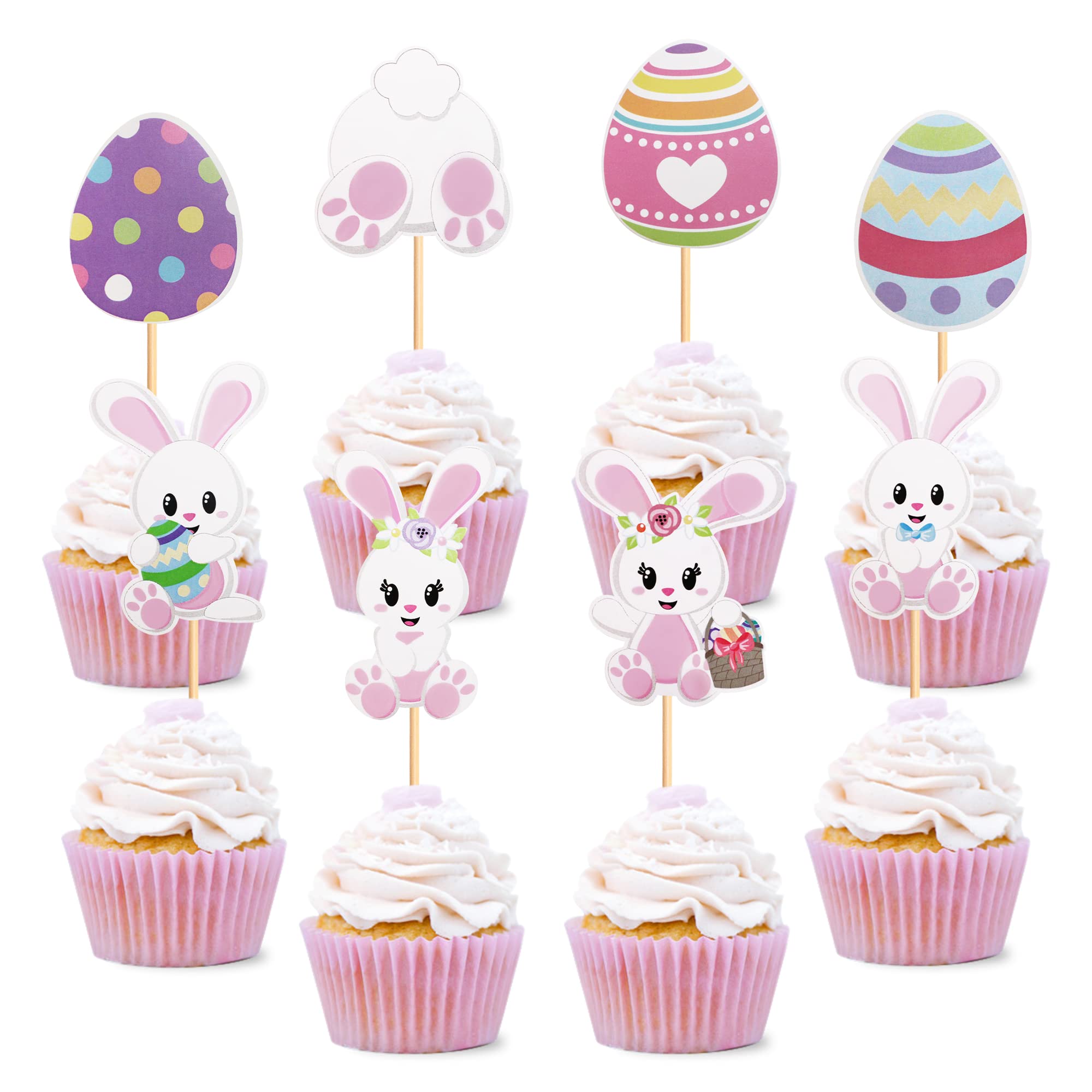 32 PCS Easter Bunny Cupcake Toppers - Cute Rabbit & Easter Egg Cake Decorations for Easter Party, Baby Shower, Spring Celebration (Bunny Back Design)