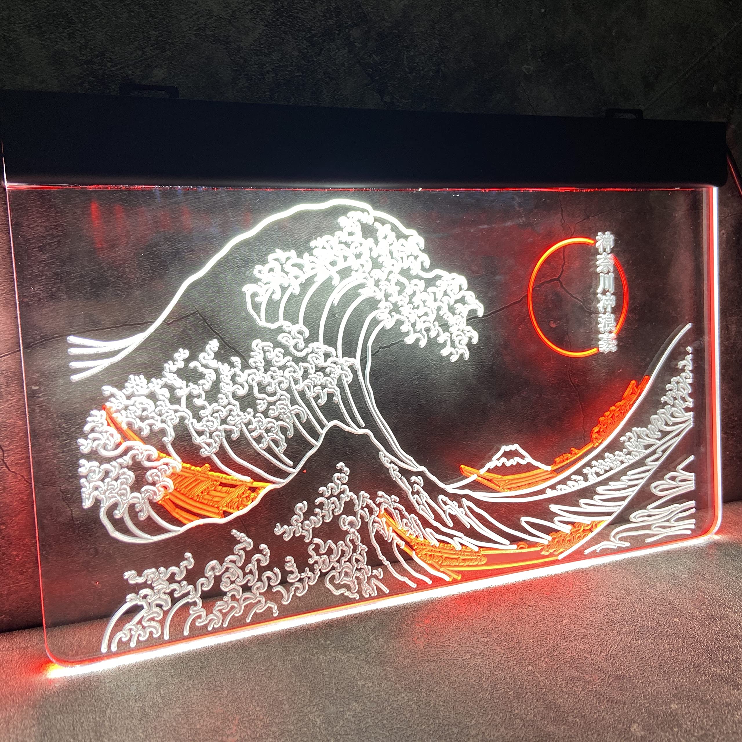 The Great Wave Off Kanagawa LED Neon Sign - Japanese Katsushika Hokusai Wall Art, Ukiyoe Style Neon Light for Home & Office Decor - 16x24 Inches (White & Red) - Perfect for Living Room, Bedroom, Bar, or Cafe Wall Decoration