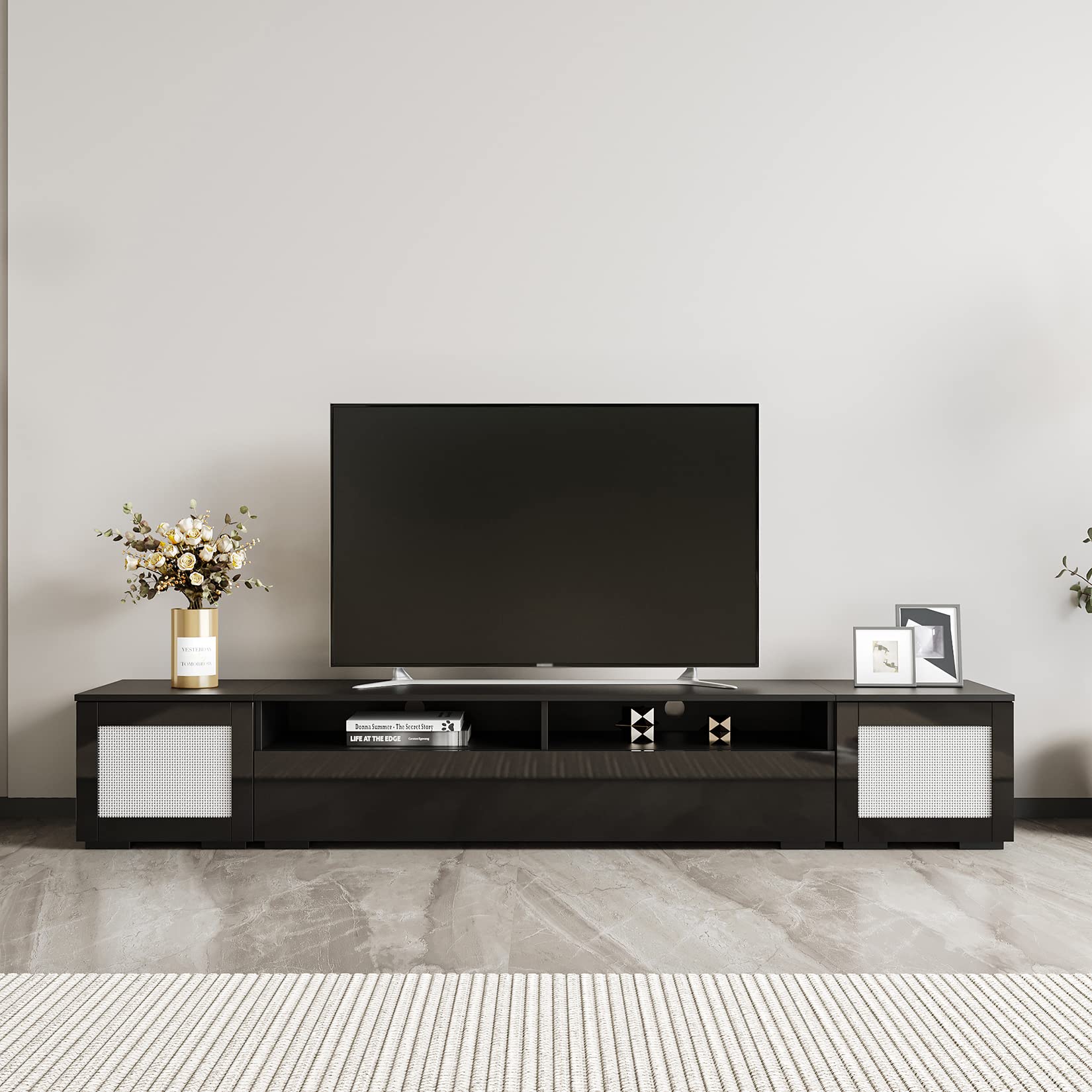 3-Piece Modern Extended TV Stand Console for TVs Up to 85 Inches - Rattan Style Entertainment Center with Color-Changing LED Lights & Push-to-Open Doors - Black - Perfect for Home Theater, Living Room & Media Room Setup