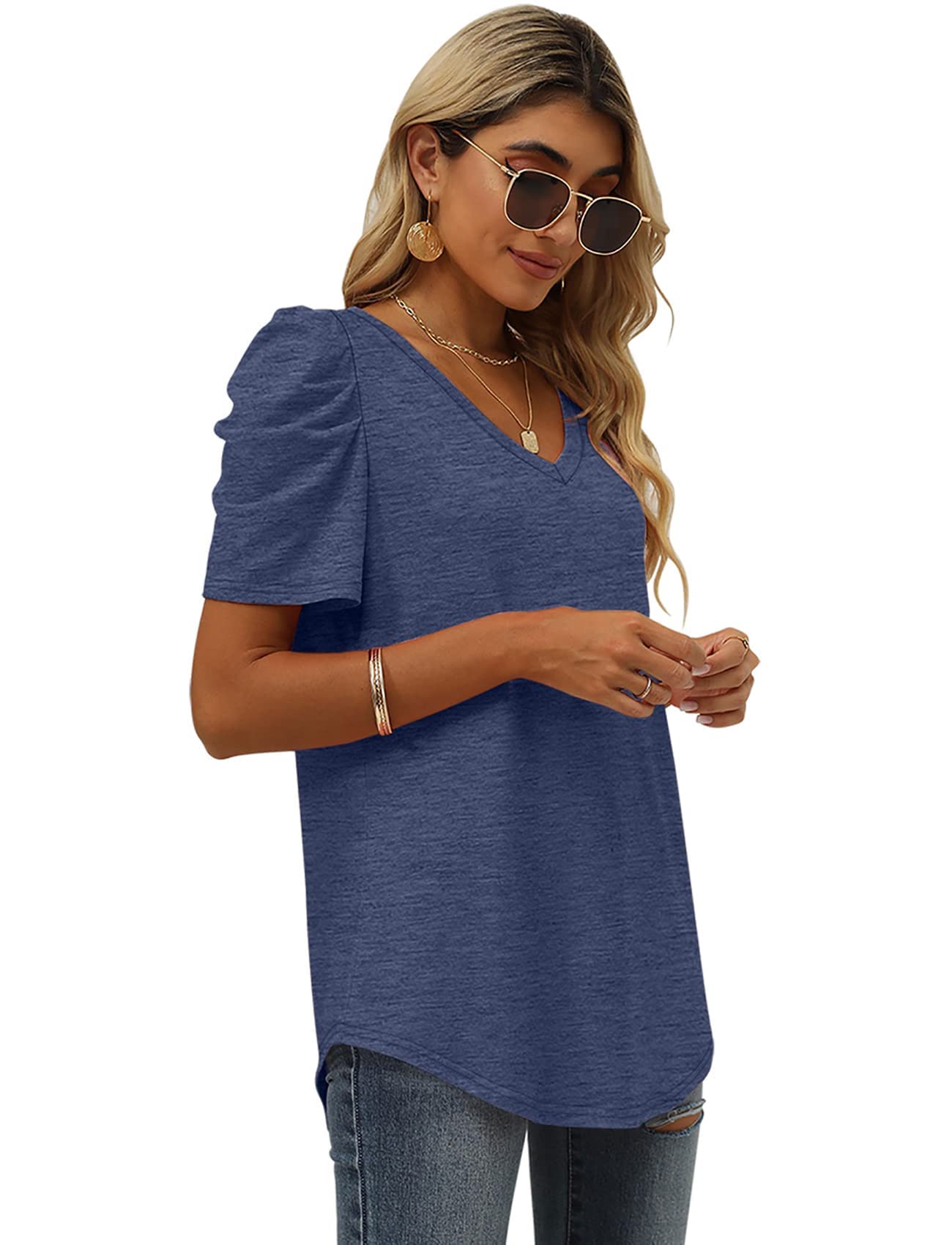 Women's Casual Tunic Tops - Solid Color V-Neck Cap Sleeve Blouse for Everyday Wear | Office, Weekend & Summer Outfits