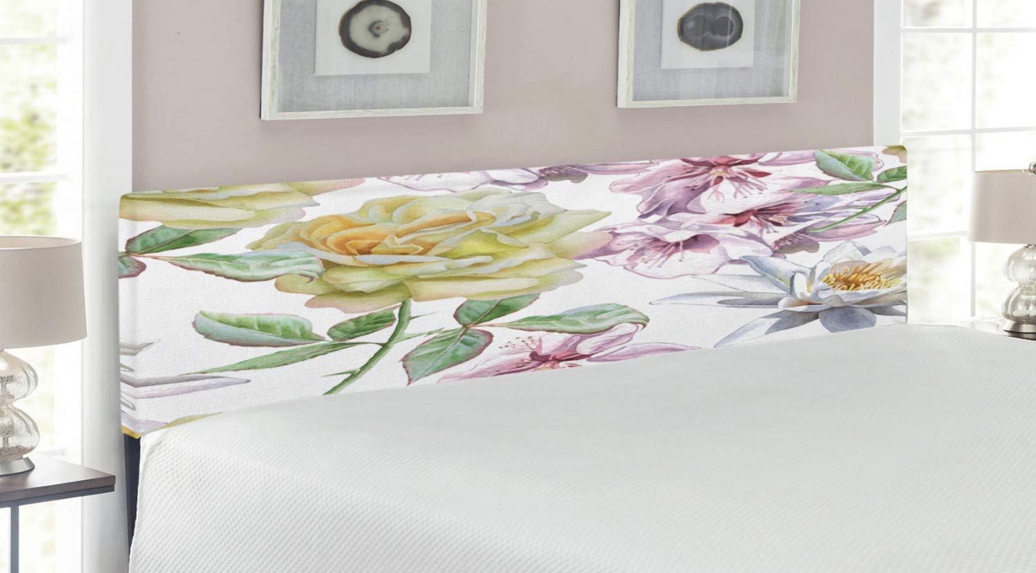 Ambesonne Floral King Size Headboard - Rose Petals, Sakura & Lily Flowers Upholstered Metal Bed Frame with Memory Foam | Romantic Fern Green & Pale Pink Bloom Design | Perfect for Master Bedroom, Guest Room & Home Decor