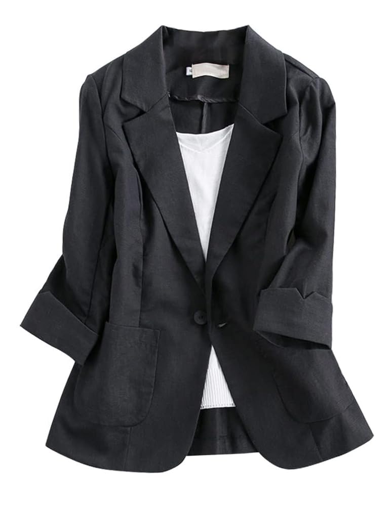 Women's Casual 3/4 Sleeve Cotton Linen Blazer Jacket - Breathable Open Front Summer Office Wear & Outdoor Outfit
