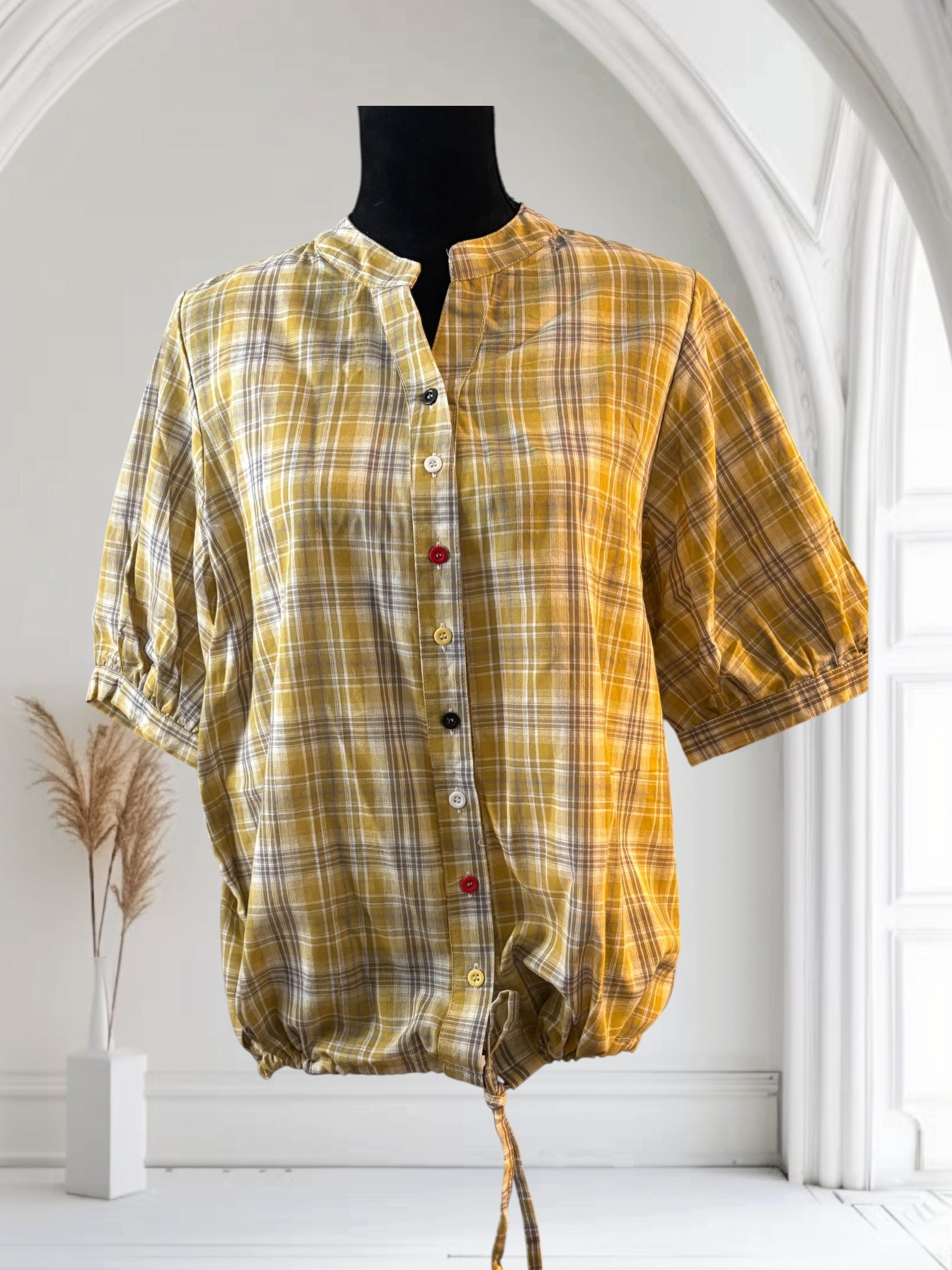 Women's Plaid Short Sleeve Cotton Shirt - Summer Thin Drawstring Casual Top for Outdoor Activities, Travel & Daily Wear
