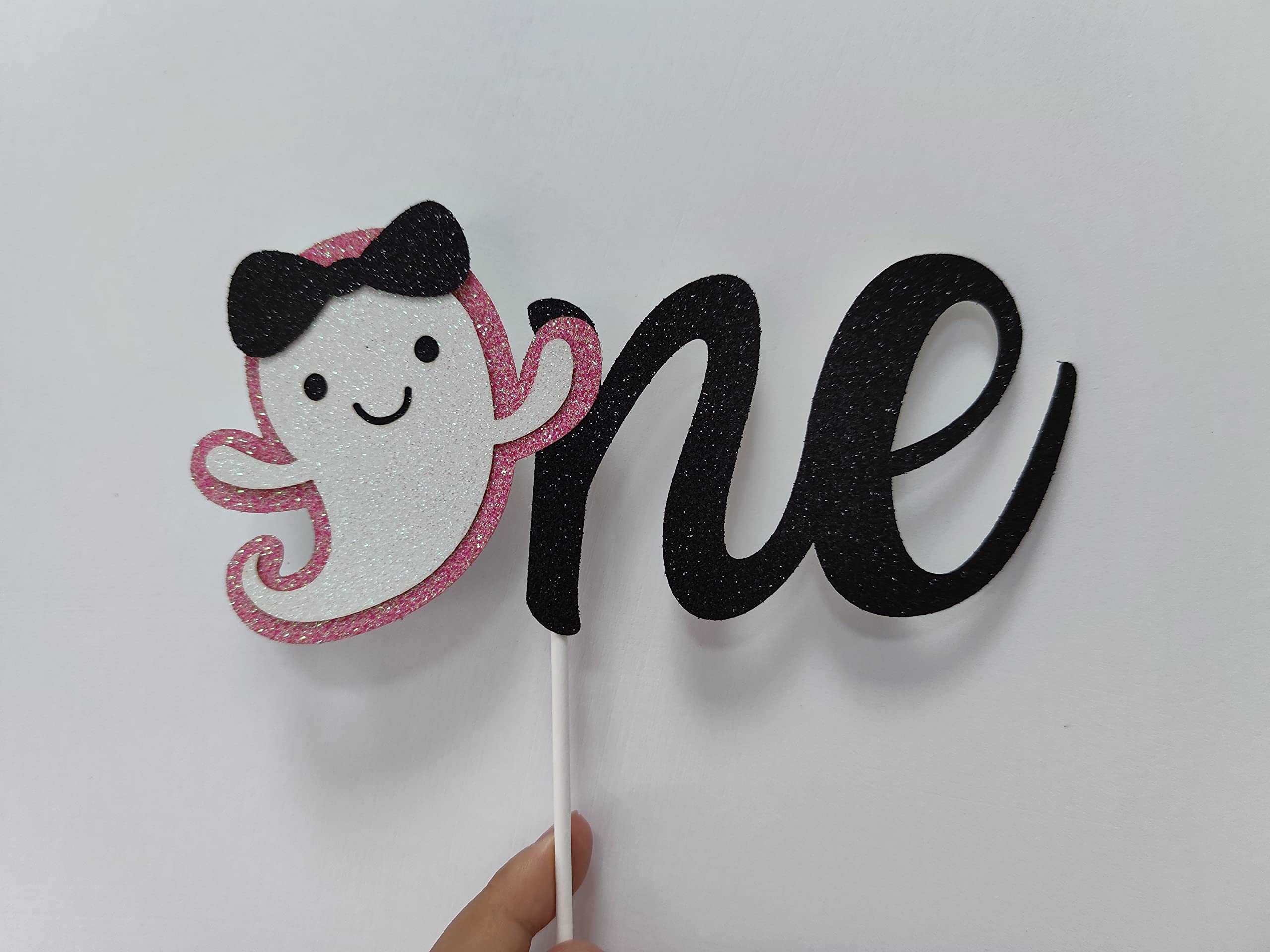 Pink & Black Glitter Halloween Ghost Cake Topper - Baby Girl 1st Birthday Party Supplies | Adorable Ghost Decor for Halloween Cakes, Cupcakes & Desserts