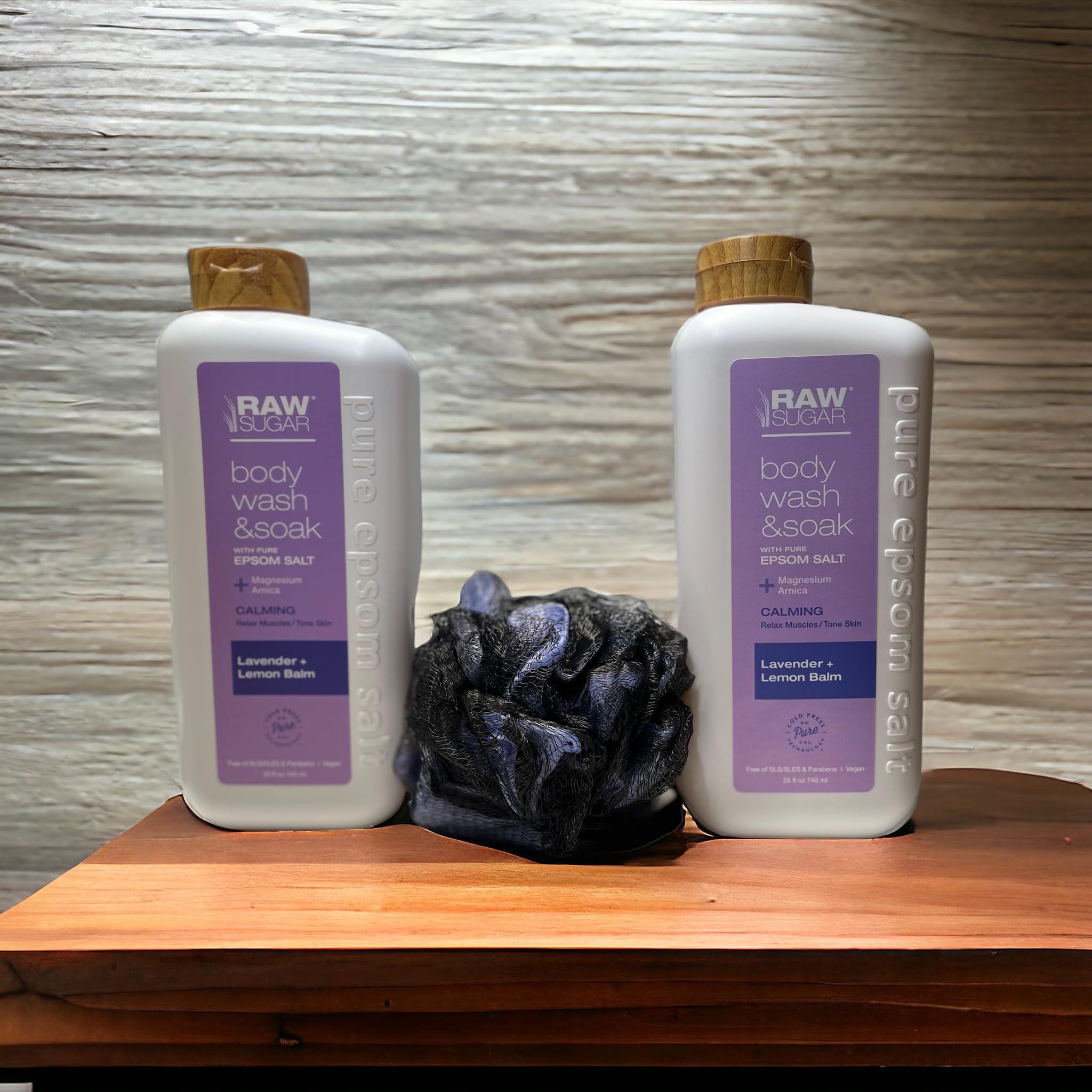 Organic Lavender & Lemon Balm Epsom Salt Body Wash & Bath Soak Set - 2 x 25 fl oz with Exfoliating Loofah Sponge - Relaxing Aromatherapy for Stress Relief & Muscle Recovery - Perfect for Self-Care, Spa Nights & Gift Giving