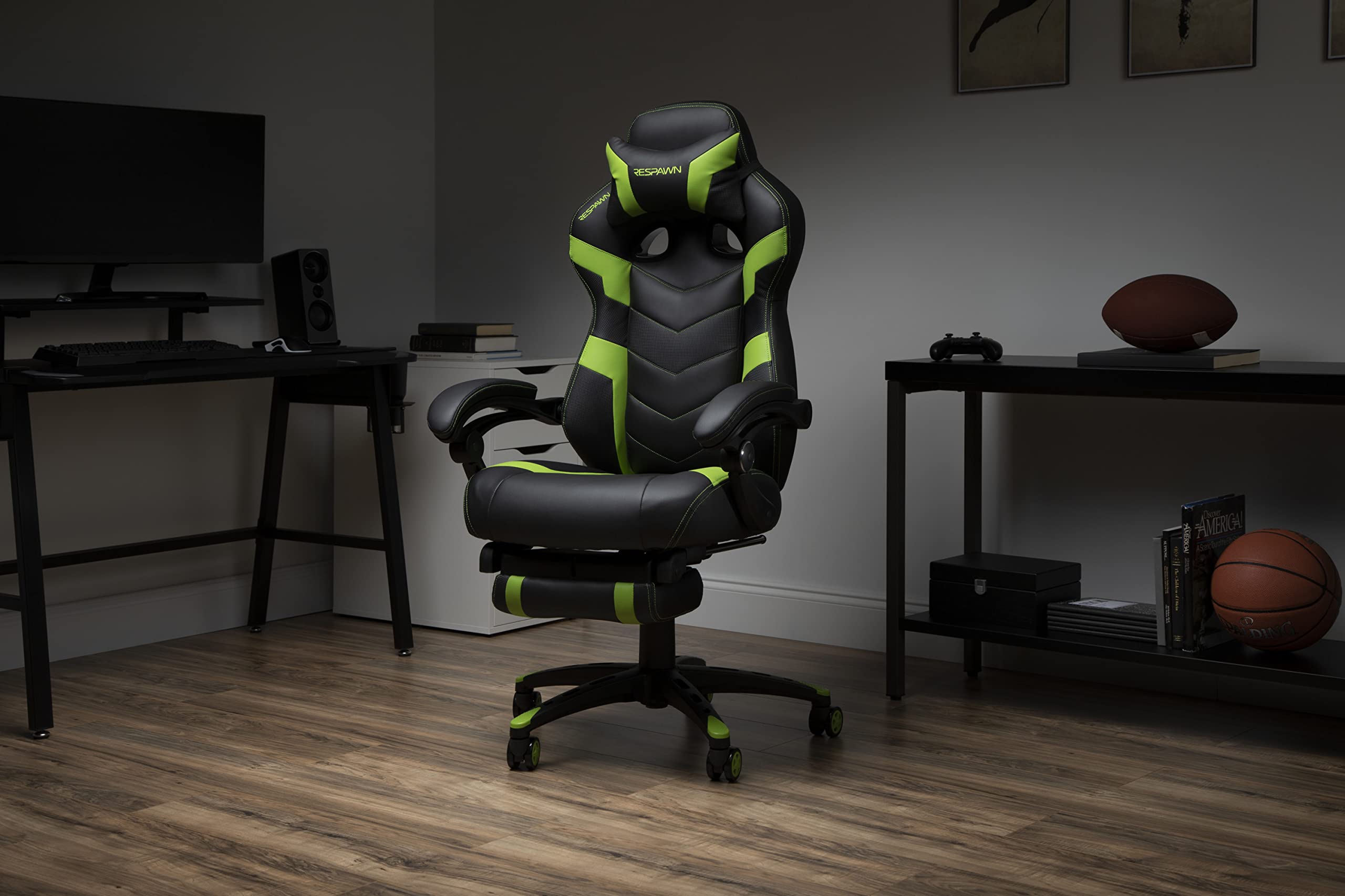 RESPAWN 110 Ergonomic Gaming Chair with Footrest Recliner - Racing Style High Back Office Chair for PC & Desk - 360° Swivel, Adjustable Lumbar Support & Headrest - Padded Armrests - Green (2021 Model) - Perfect for Gaming, Streaming & Home Office Workspace