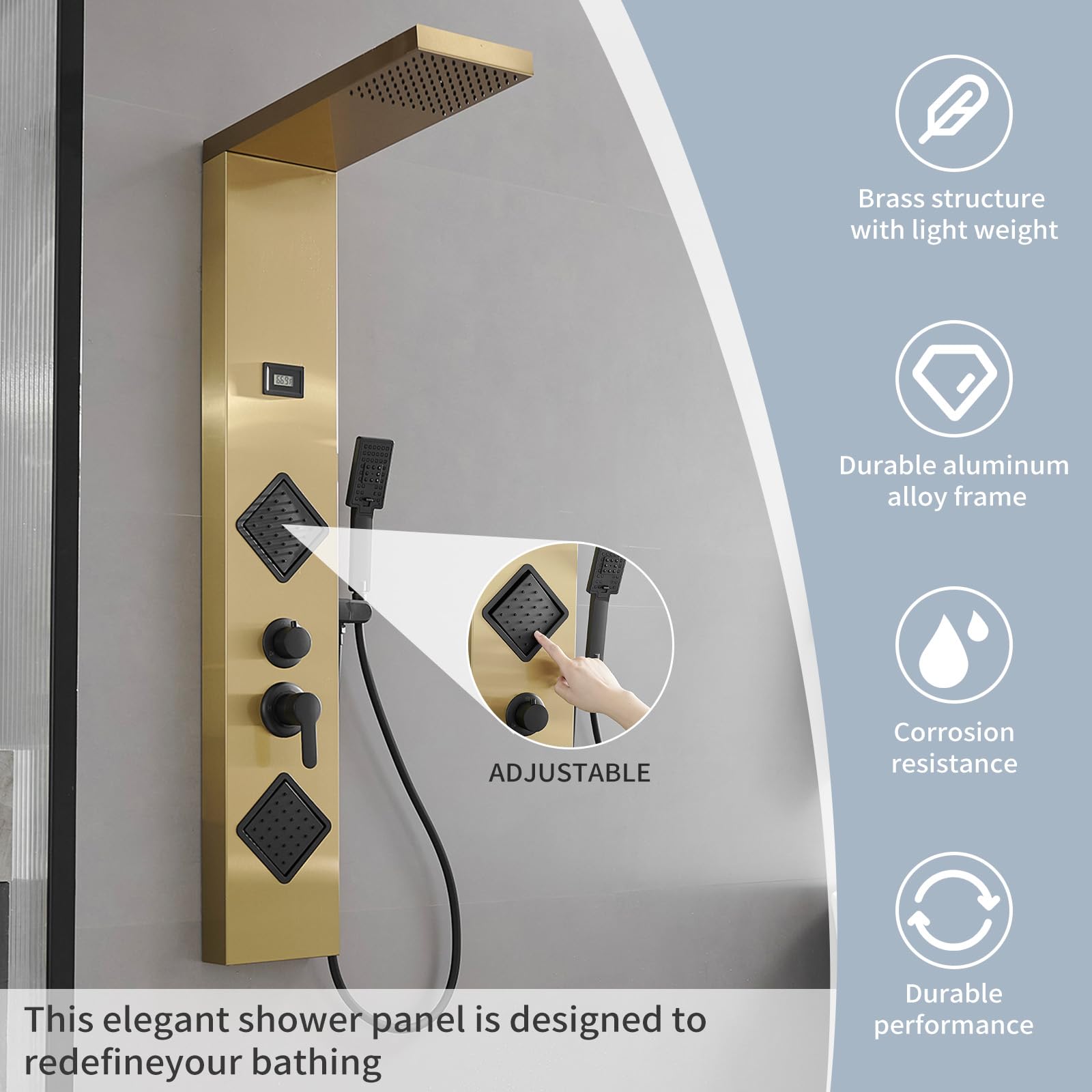 Brushed Gold Shower Panel System with Massage Body Jets - Adjustable Stainless Steel Stand Shower Column Wall Mount - Luxury Bathroom Upgrade for Spa-Like Experience