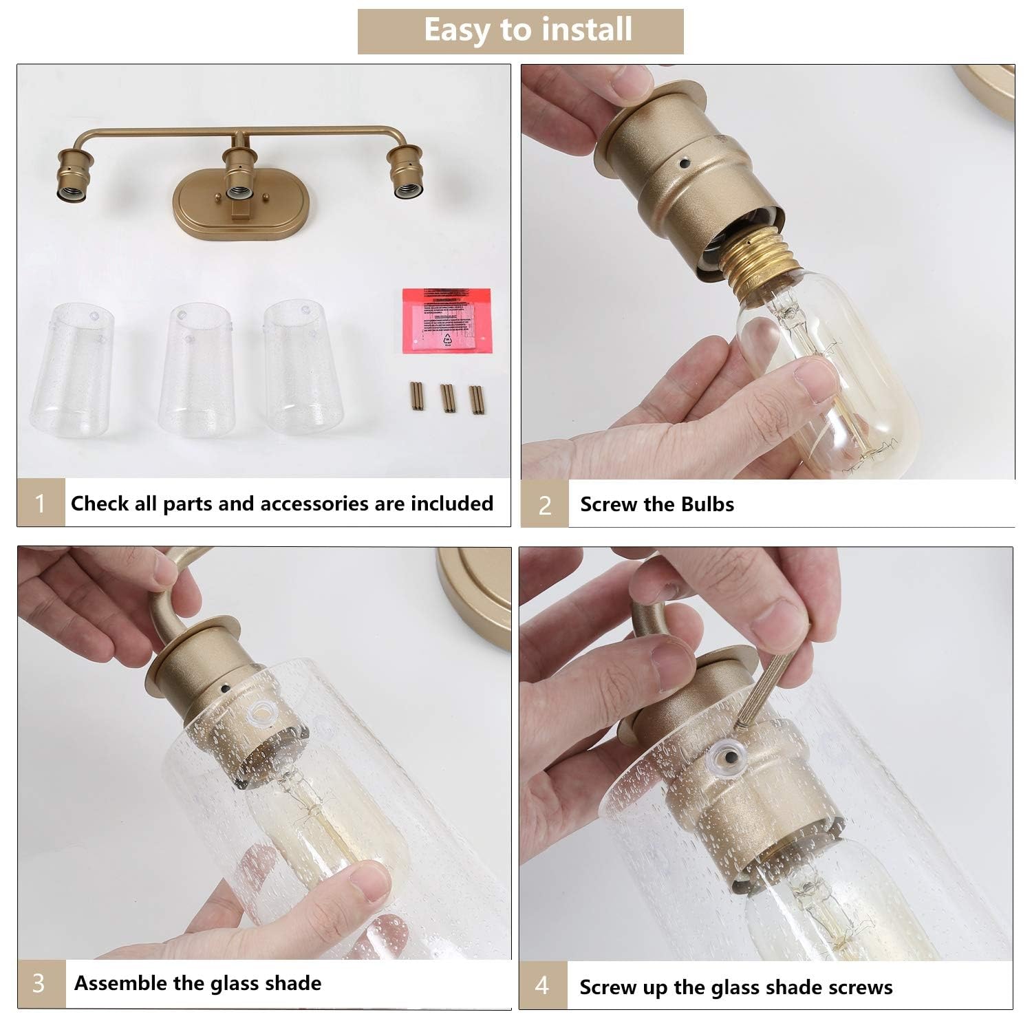 KSANA Gold Vanity Lights - 3-Light Modern Bathroom Light Fixture with Seeded Glass Shade for Elegant Bathroom & Dressing Room Lighting