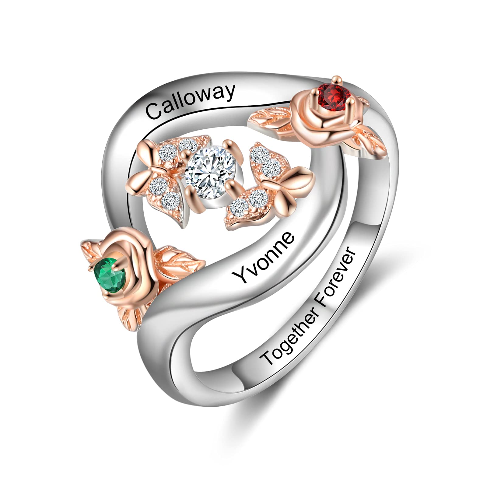 Personalized Rose Flower Promise Rings for Women - Custom Name & 2 Birthstones Engagement Rings - Meaningful Gift for Girlfriend, Mother & Daughter - Perfect for Anniversaries, Valentine's Day & Special Occasions