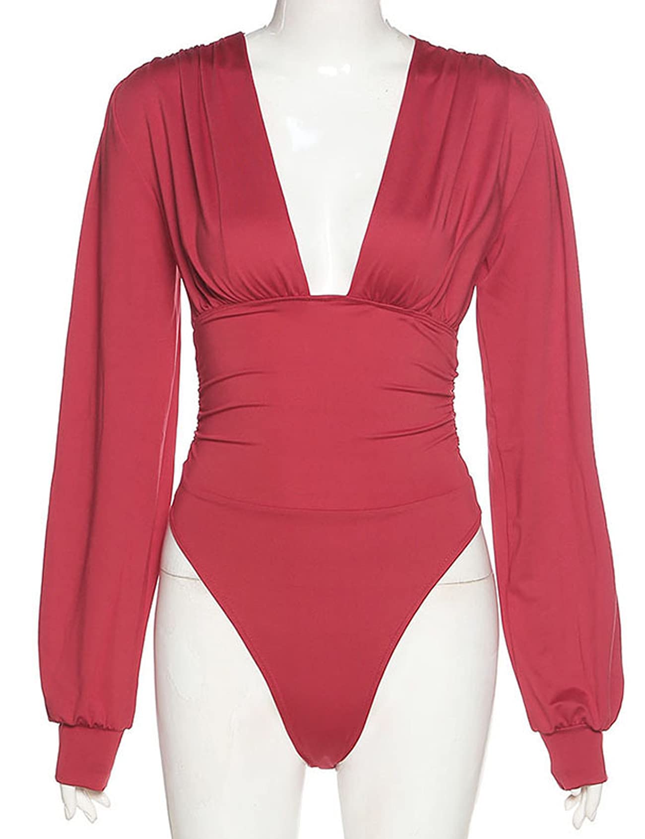 JYAOVO Women's Long Sleeve Bodysuit - Deep V Neck Lantern Sleeve Leotard Jumpsuit Romper Top for Dance, Yoga & Casual Wear | Stretchy & Comfortable Outfit