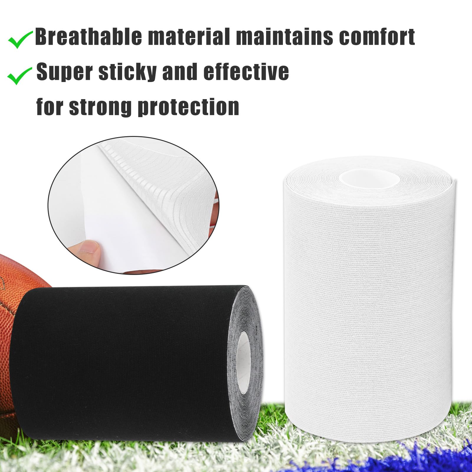 2-Pack Extra Wide Waterproof Football Turf Tapes - Ultra Sticky Athletic Sports Tape for Football, Arms & Legs - Ideal for Sports Training, Injury Prevention & Workout Support (Black & White)