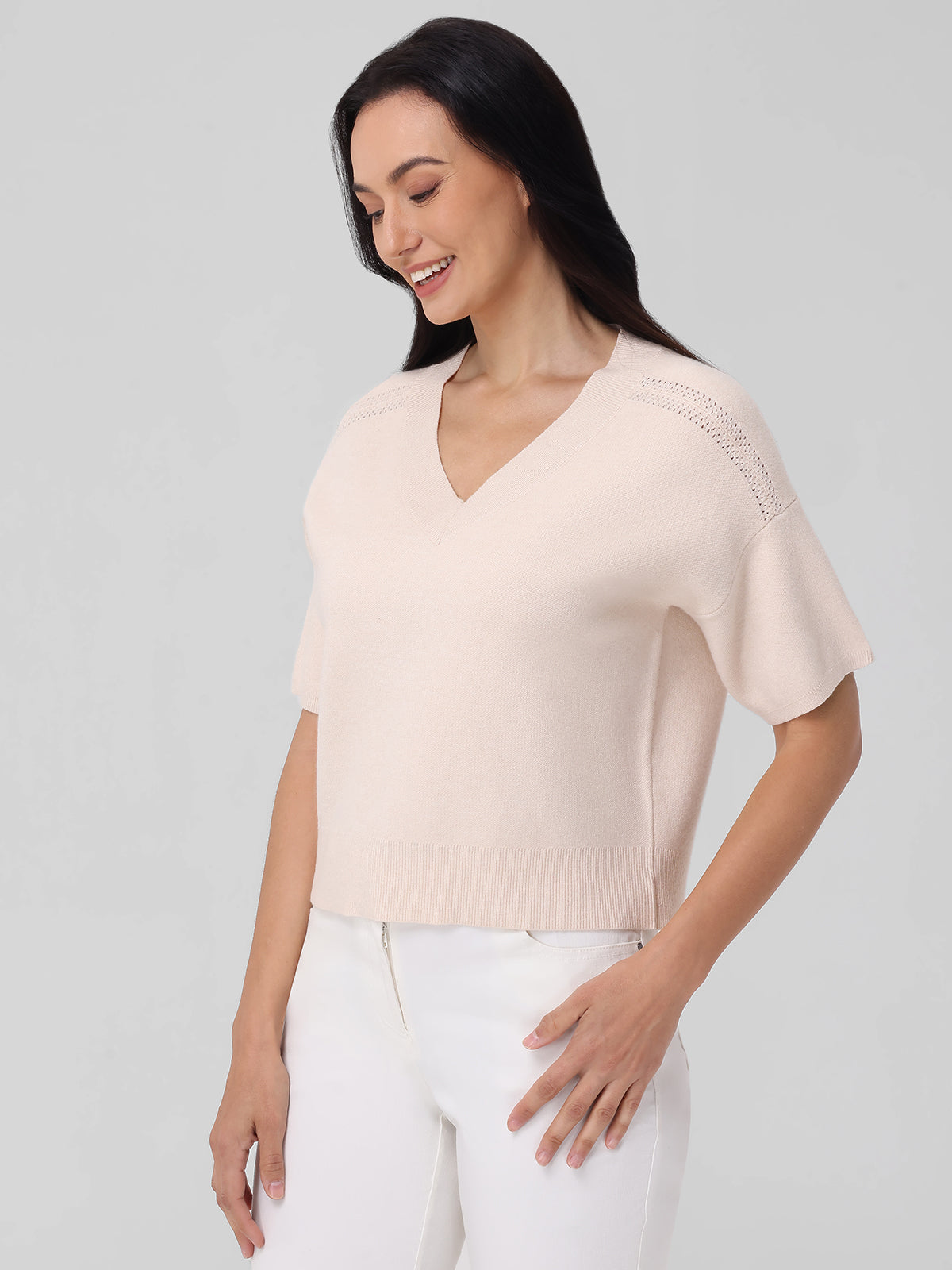 Isla Women's V-Neck Short Sleeve Knit Sweater - Lightweight Casual Pullover for Spring & Summer Outfits | Office Wear, Date Night, Weekend Brunch