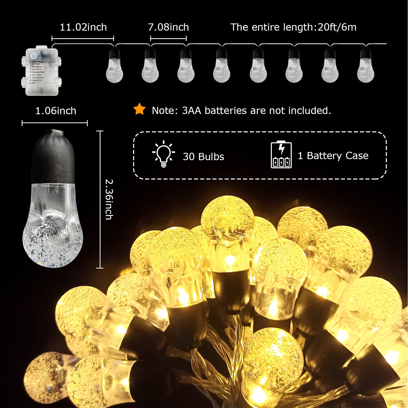 Battery Operated Globe String Lights 23FT - 8 Lighting Modes & Dimmable with Remote Control - Waterproof LED Fairy Lights for Indoor Outdoor Garden, Patio, Christmas Party, Wedding, Bedroom Decor
