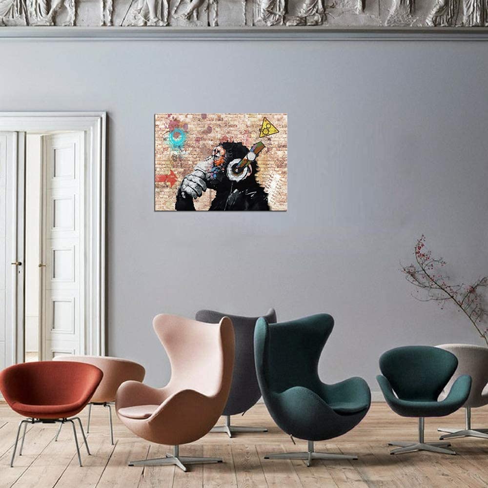 Abstract Thinking Monkey with Headphones Canvas Wall Art - 8x10 Inch Framed Print for Bedroom, Bathroom & Home Decor | Modern Gallery Artwork for Living Room, Office & Dorm Wall Decor