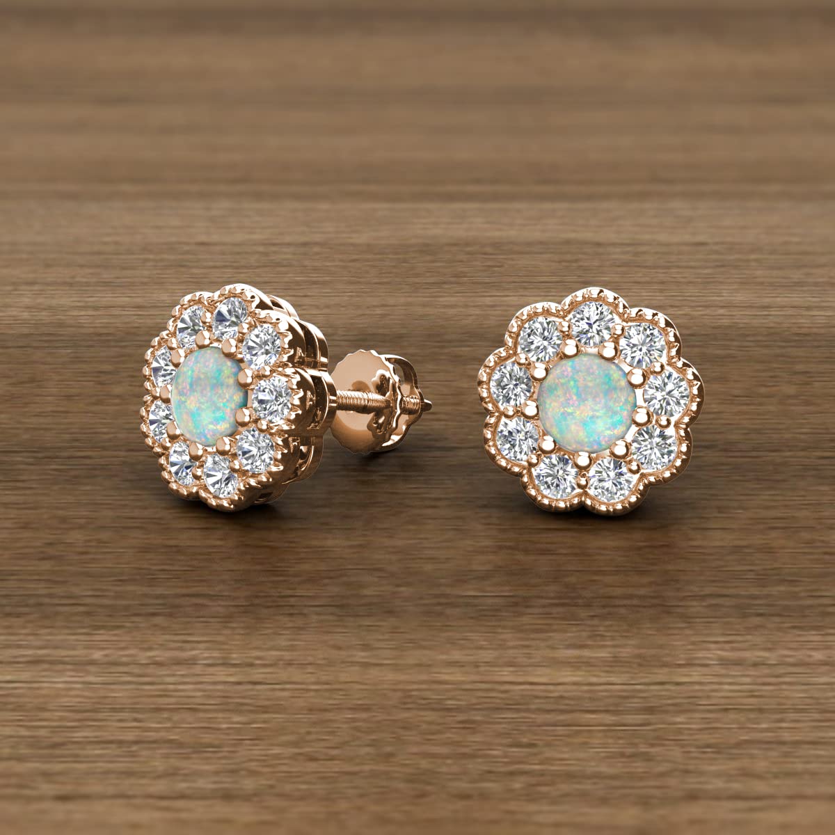 14K Gold Round Opal & Lab-Grown Diamond Halo Stud Earrings for Women - 7/8 ctw Milgrain Prong Setting | Perfect for Weddings, Anniversaries & Special Occasions
