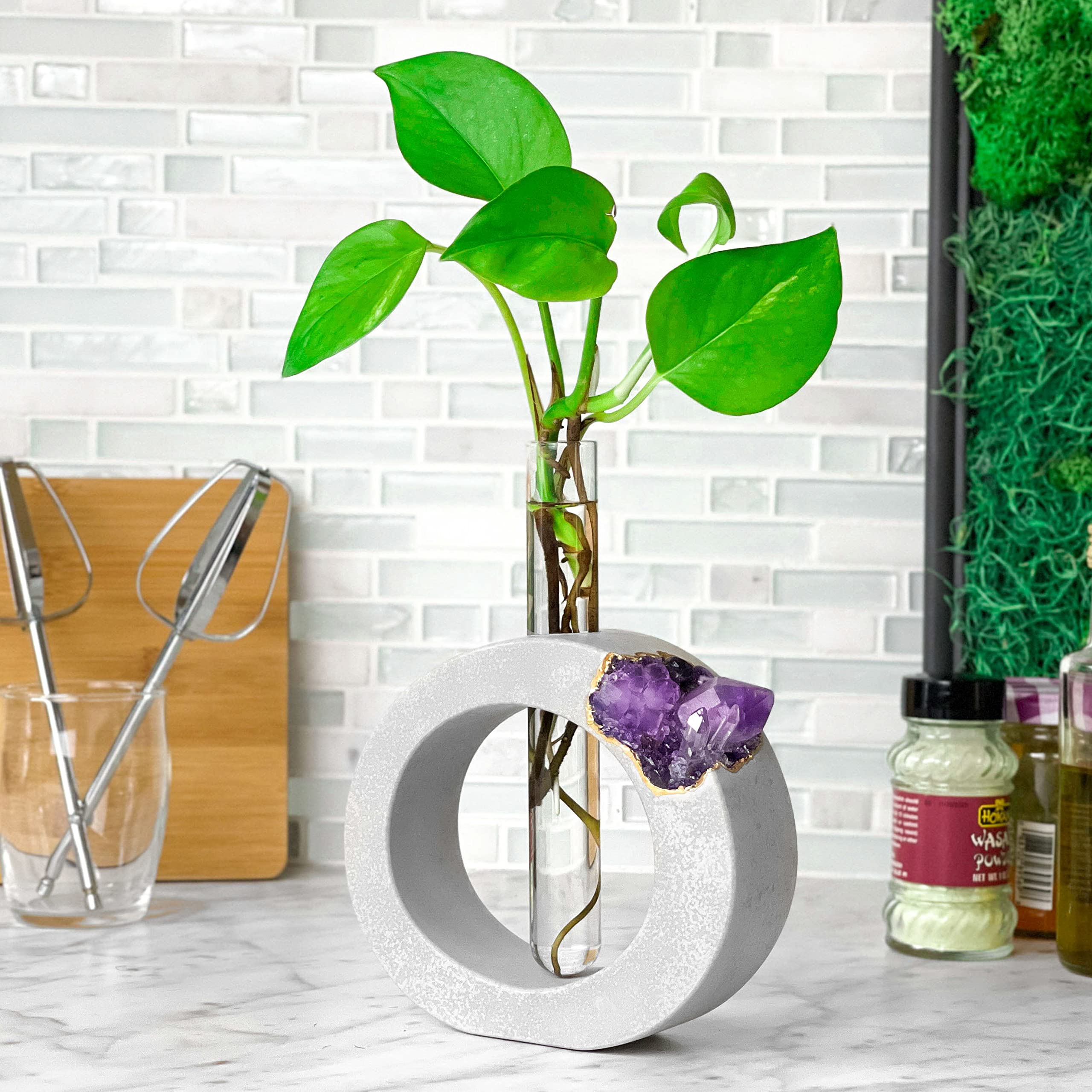 Amethyst Geode Planter - Glass Test Tube Plant Propagation Station for Hydroponics, Terrarium & Home Decor | Boho Office Gift, Crystal Stand & Flower Vase | Perfect for Indoor Gardening, Desk Decor & Zen Spaces