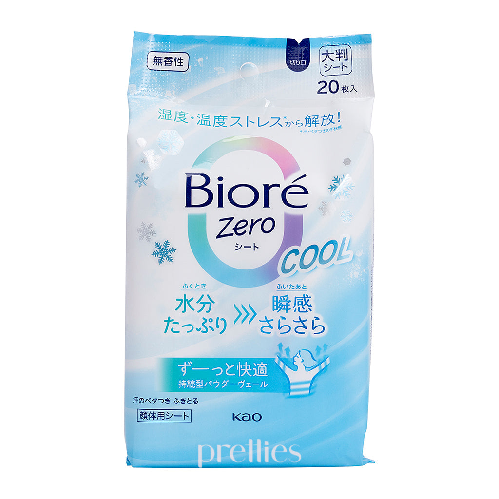 BIORE Zero COOL Refreshing Body Wipes - 20 Count Unscented Cooling Sheets (Blue) | On-The-Go Refreshment for Gym, Travel & Outdoor Activities