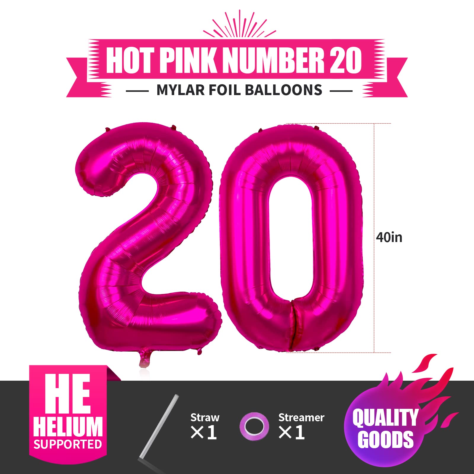 40 Inch Hot Pink Jumbo Number 20 Balloons - Set of 20 Giant Foil Mylar Balloons for 20th Birthday Party Decorations, Ocean Mermaid Theme, Girls & Boys Birthday, Romantic Decor - Perfect for Birthday Parties, Baby Showers, Anniversaries & Special Celebrations