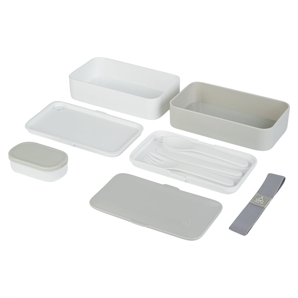 Bento Tek 41 oz Gray & White Buddha Box - All-in-One Lunch Container with Utensils & Sauce Cup (7.25