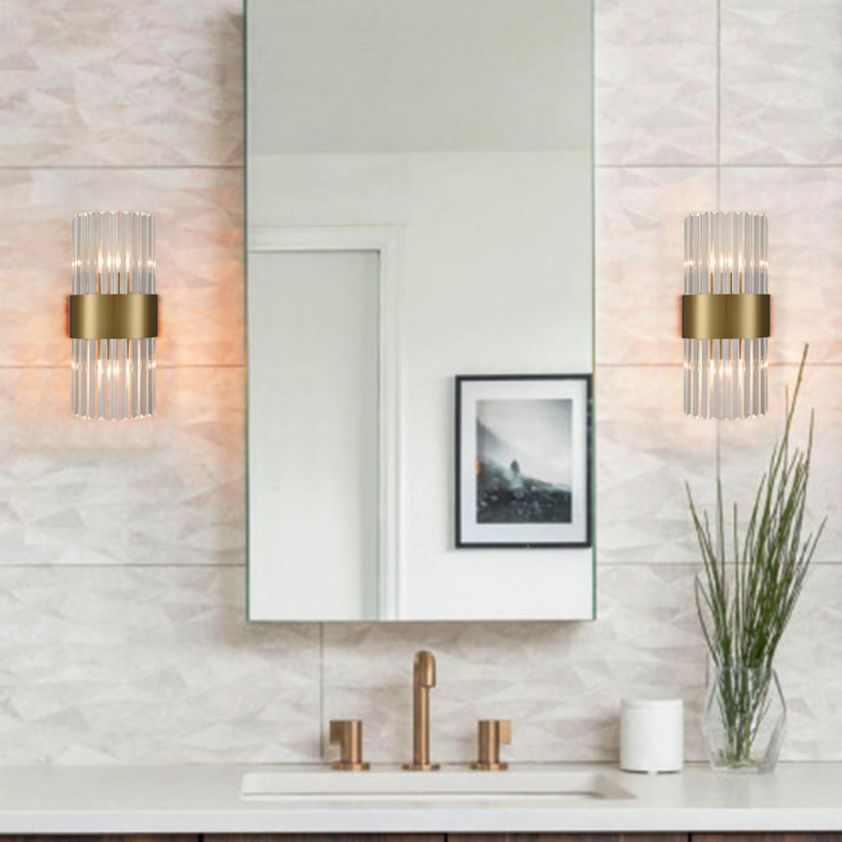 Gold Crystal Wall Sconces Set of 2 - Modern 2-Light Brass & Glass Wall Lights for Bathroom, Hallway, Bedroom - Elegant Lighting Fixture for Home Decor, Living Room, Dining Room