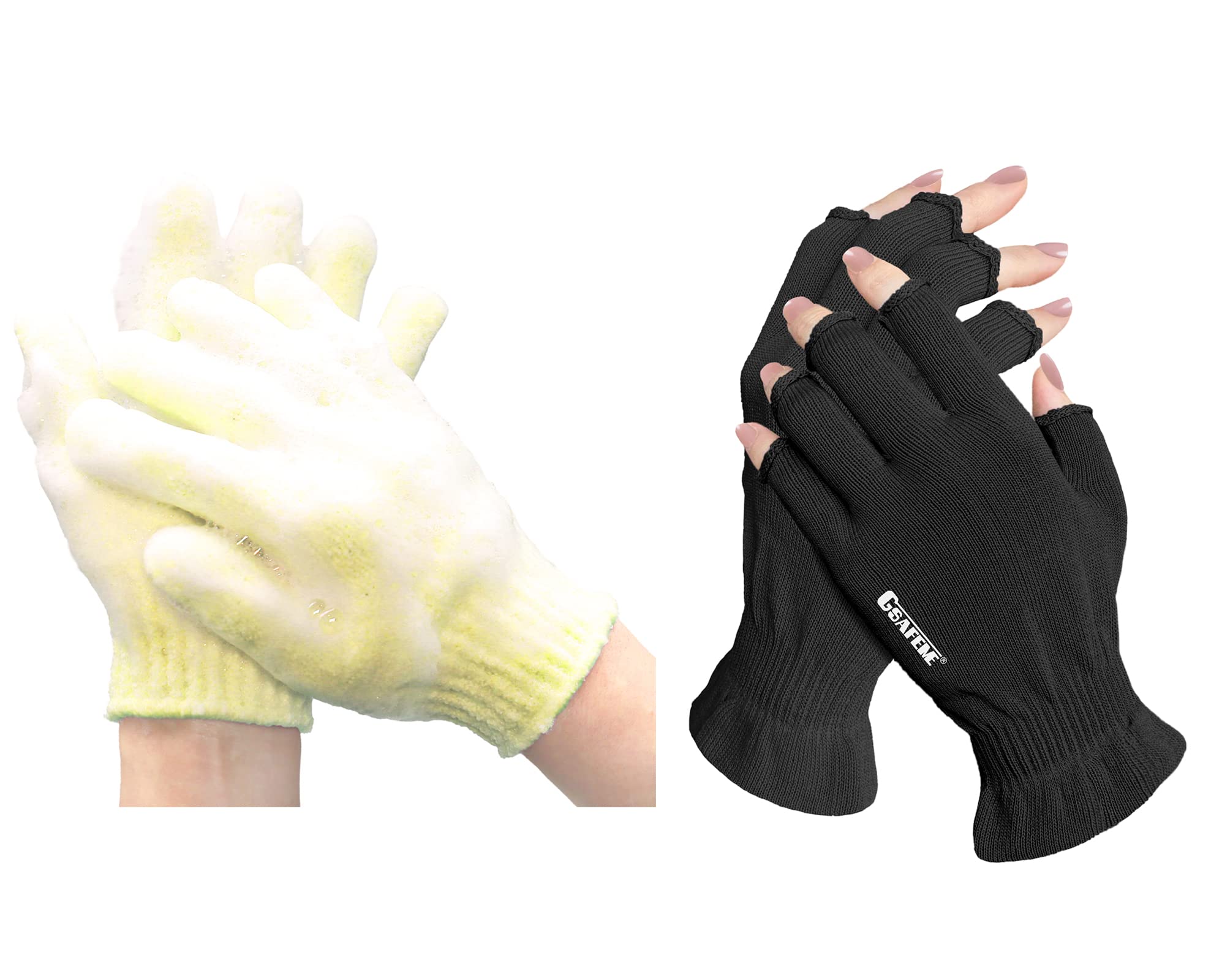 UV Protection Gel Manicure Gloves for Women - Fingerless Hand Skin Care, Blocks LED Nail Lamp & Sunlight - Black Small Size 1 Pair with Beige Exfoliating Glove - Perfect for Nail Salon, Home DIY Manicure & Outdoor Activities