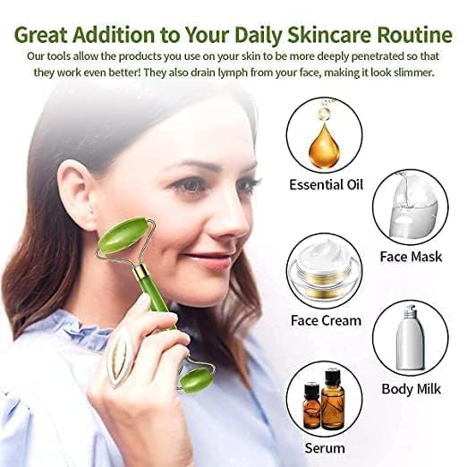 Natural Jade Roller & Gua Sha Set for Face Massage - 4-Piece Skincare Kit with Ice Roller & Hair Growth Tool | Reduce Puffiness, Improve Circulation, Glowing Skin | Perfect for Morning Routine & Spa Night