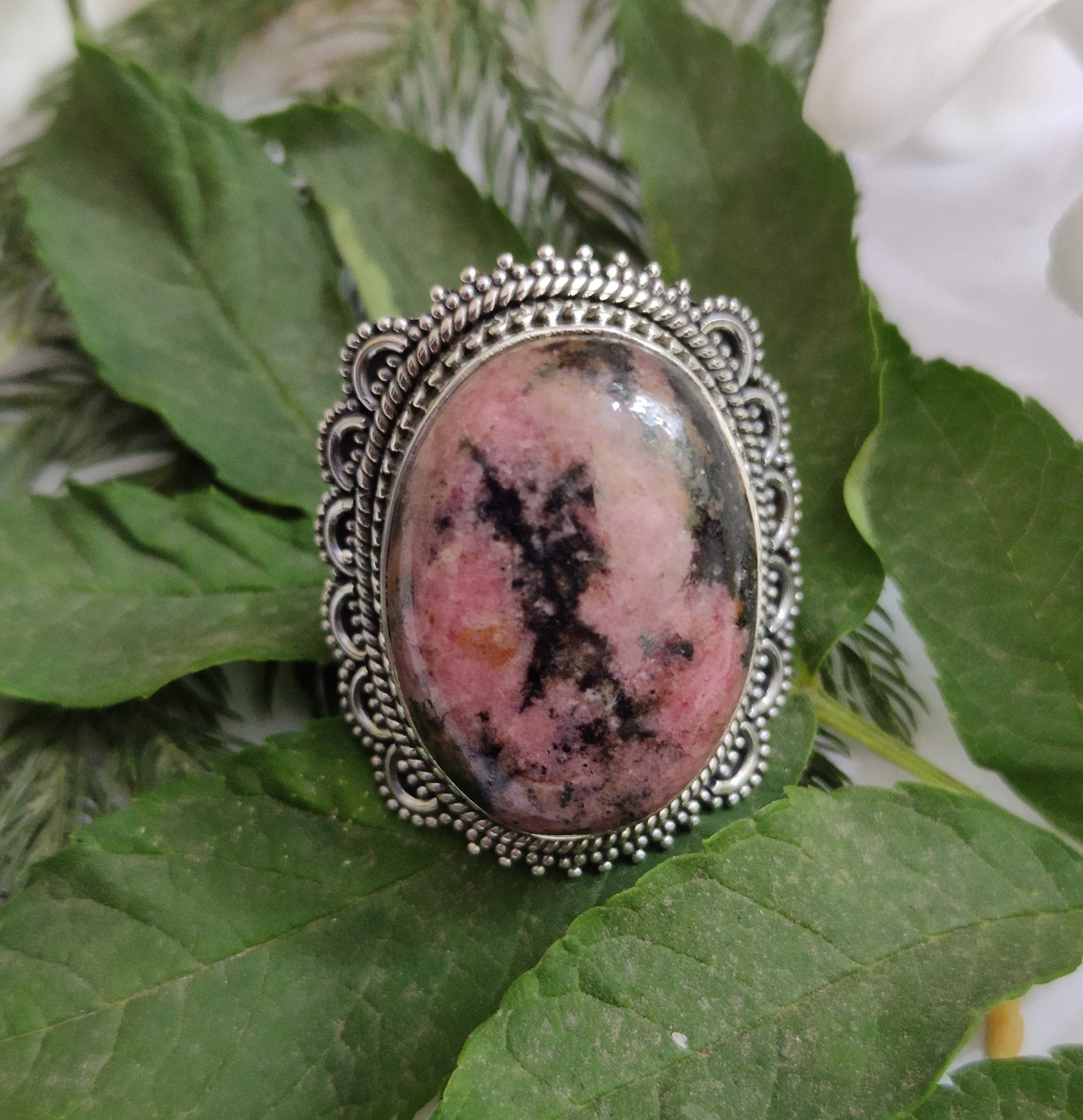 Rhodonite Ring 925 Sterling Silver - Large Vintage Style Bohemian Statement Ring for Women, Bridesmaid Gift, Promise Ring, Healing Crystal Jewelry, Artisan Designer Engagement Ring | Perfect for Weddings, Spiritual Healing & Boho Fashion