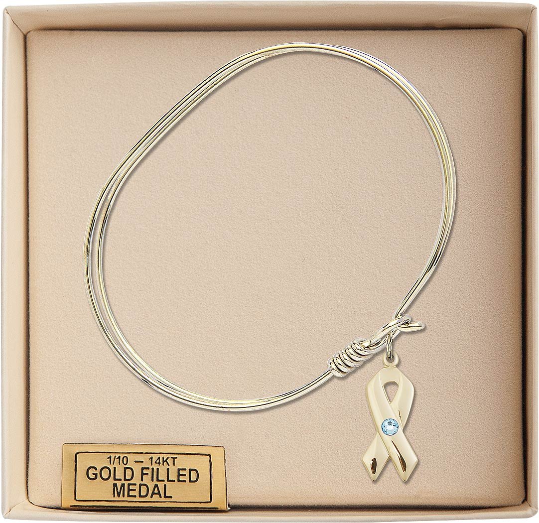 7 Inch Oval Eye Hook Bangle Bracelet with Cancer Awareness Charm & March Birthstone Blue Crystal - Perfect for Awareness Events, Fundraisers, and Everyday Jewelry Wear