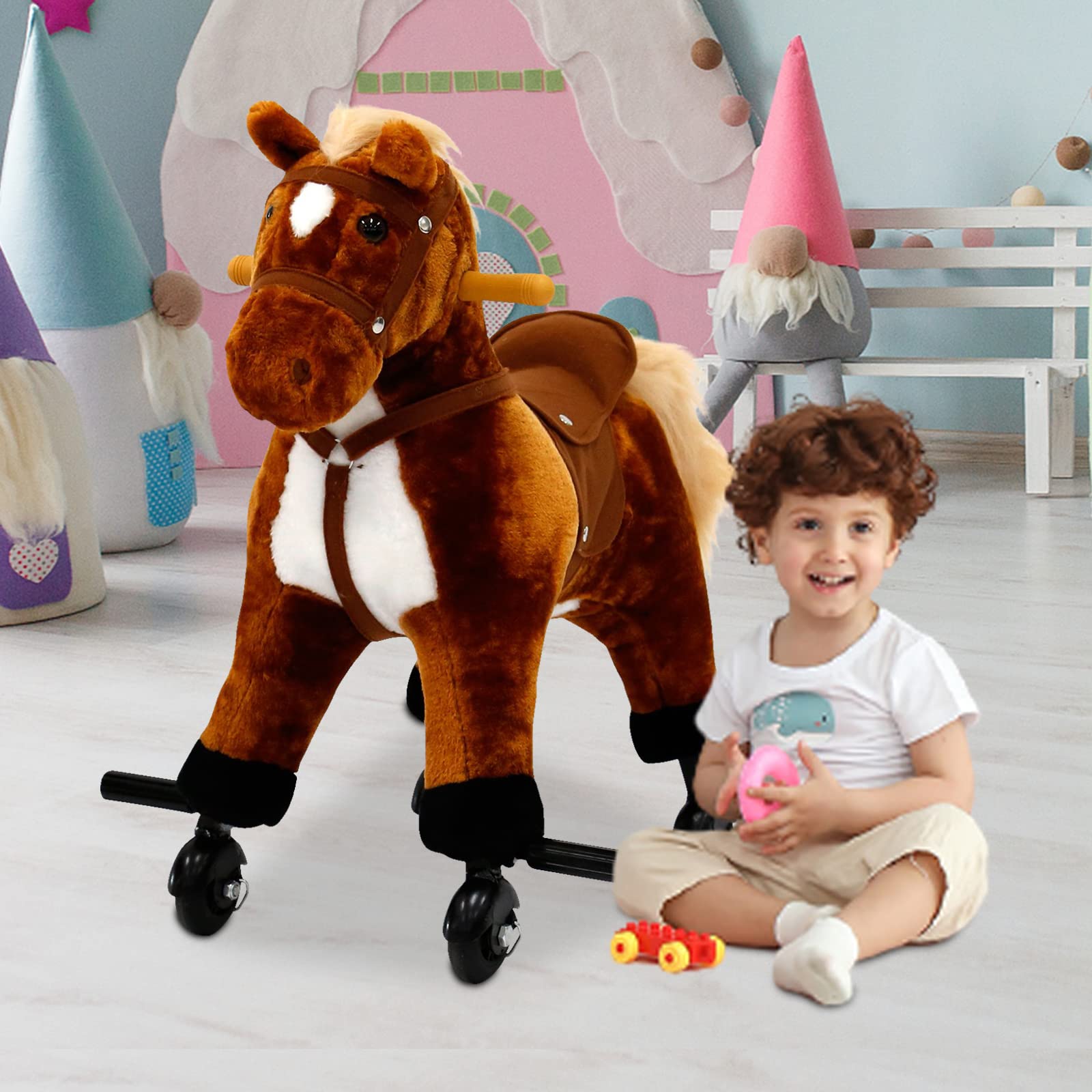 Kids Ride On Horse Toy with Rolling Wheels & Sound - Mechanical Walking Pony for Children Ages 3-6 | Interactive Pretend Play Toy for Indoor & Outdoor Fun